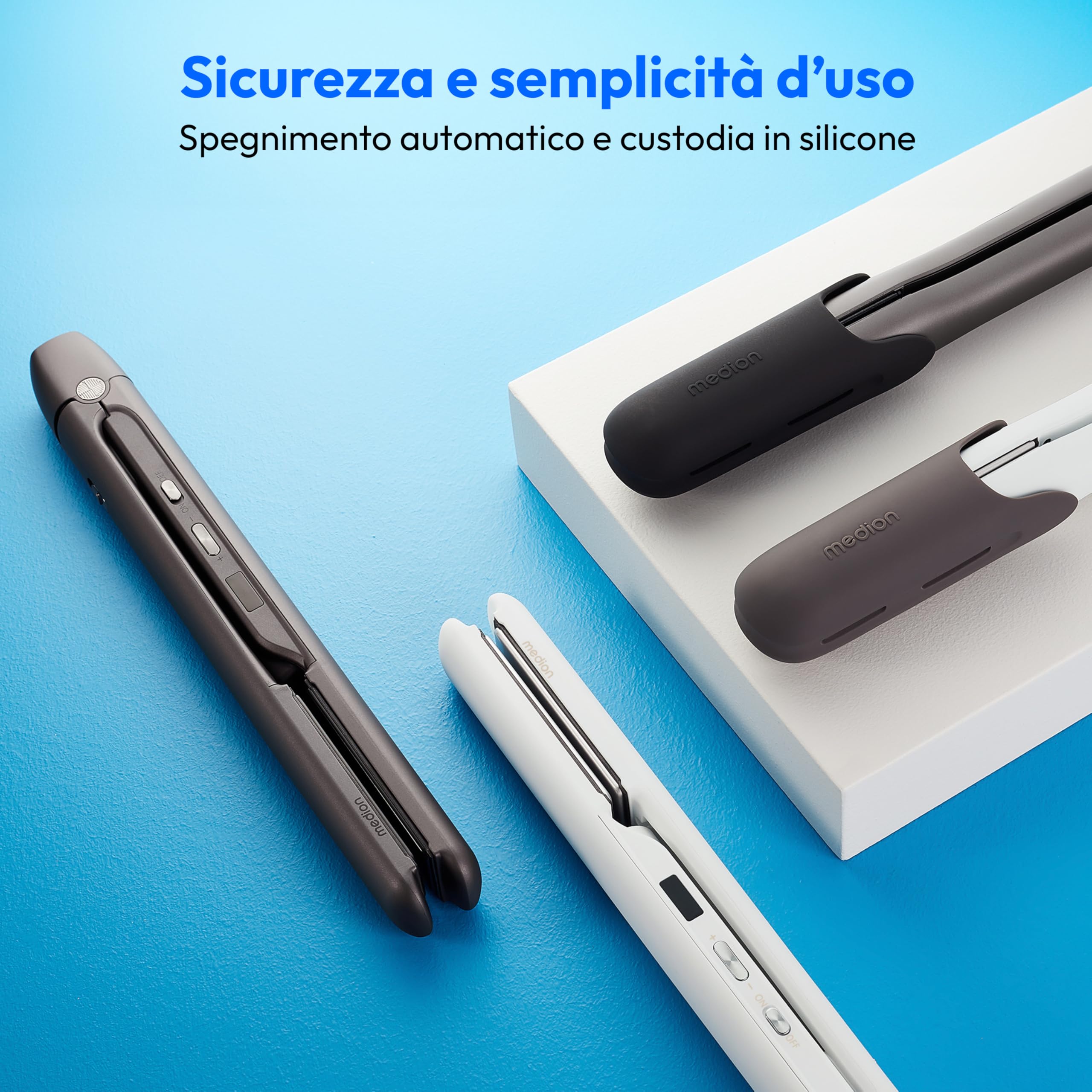 MEDION HS1 Piastra con display (5 impostazioni di calore regolabili, piastre riscaldanti flessibili in ceramica/tourmalina con sensore di temperatura, piastra per capelli) grigio