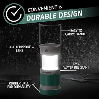 Energizer S-500 Hybrid Power Camping Lantern, Solar, Rechargeable, or AA Battery Powered, IPX4 Water Resistant Bright LED Lantern