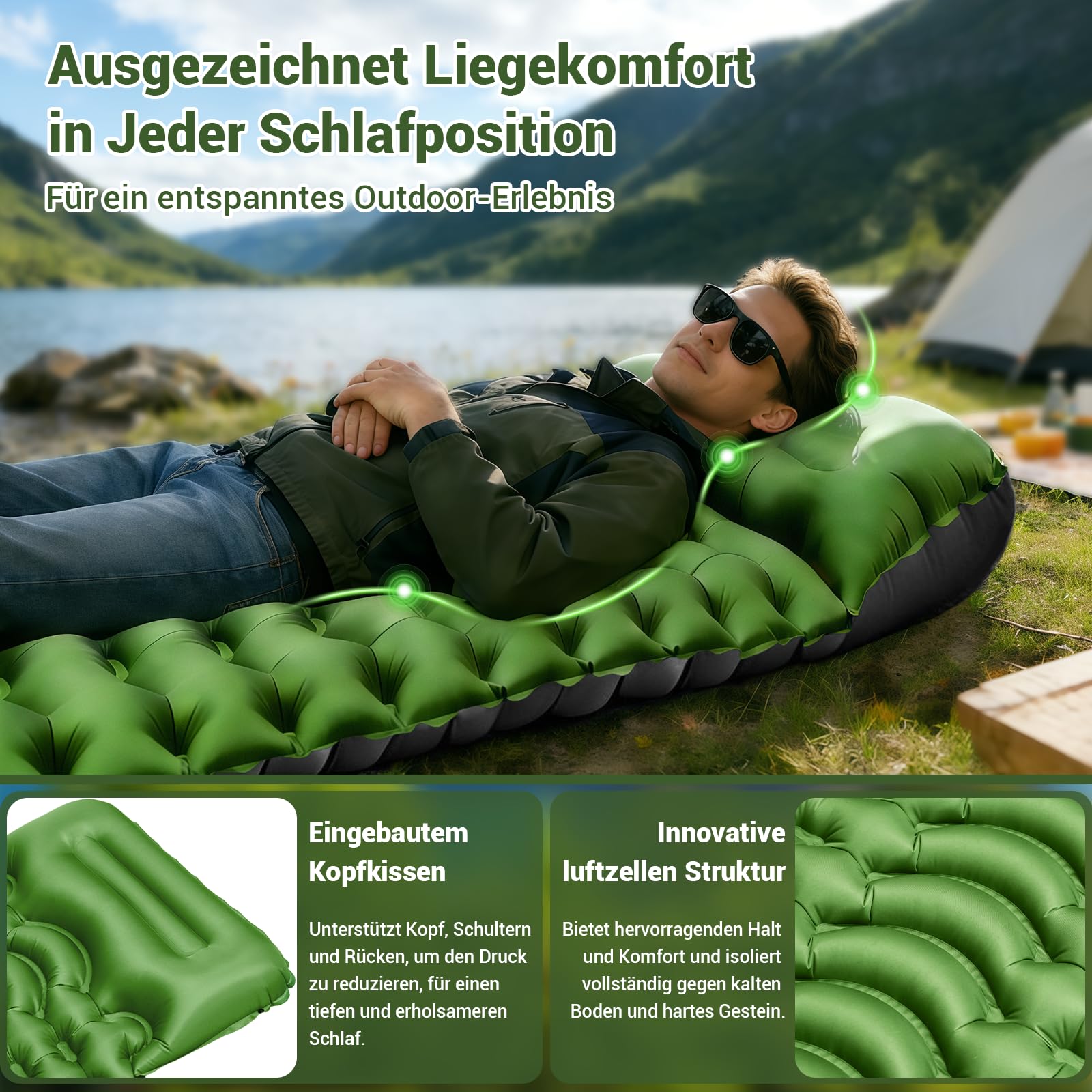 Isomatte Camping Luftmatratze Aufblasbare Matratze, Ultraleicht, Kompakte, Dick, Aufblasbar Sleeping Mat Strandmatte Outdoor mit Fußpumpe Kissen, Wasserdicht Schlafmatte für Wandern Strand Zelt Reisen