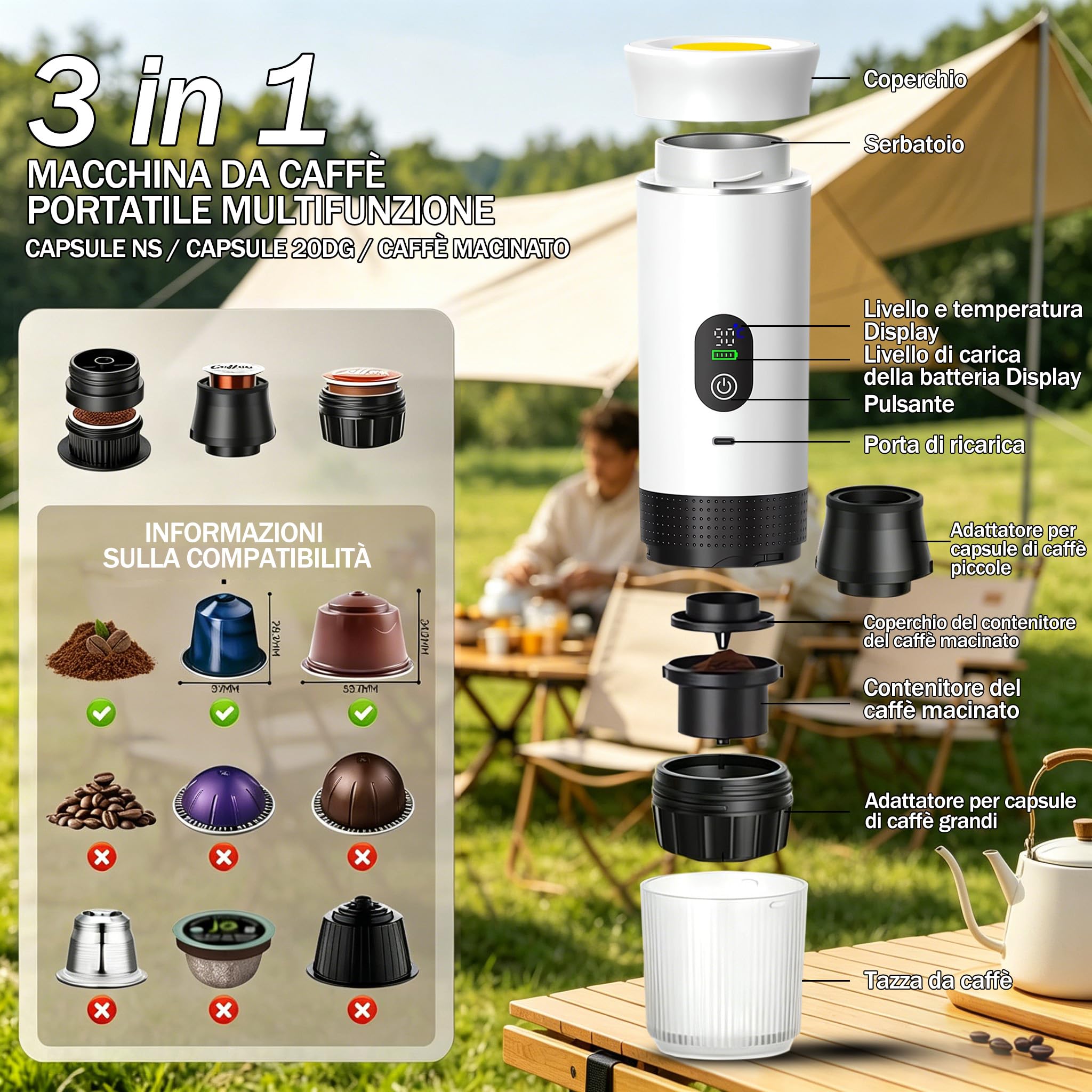 Portable Coffee Maker 3 in 1 Espresso Machine USB-C Mini Electric Hot Water Coffee Maker Compatible with Ness-Preso, Dolce-Gusto and Ground Coffee Capsules