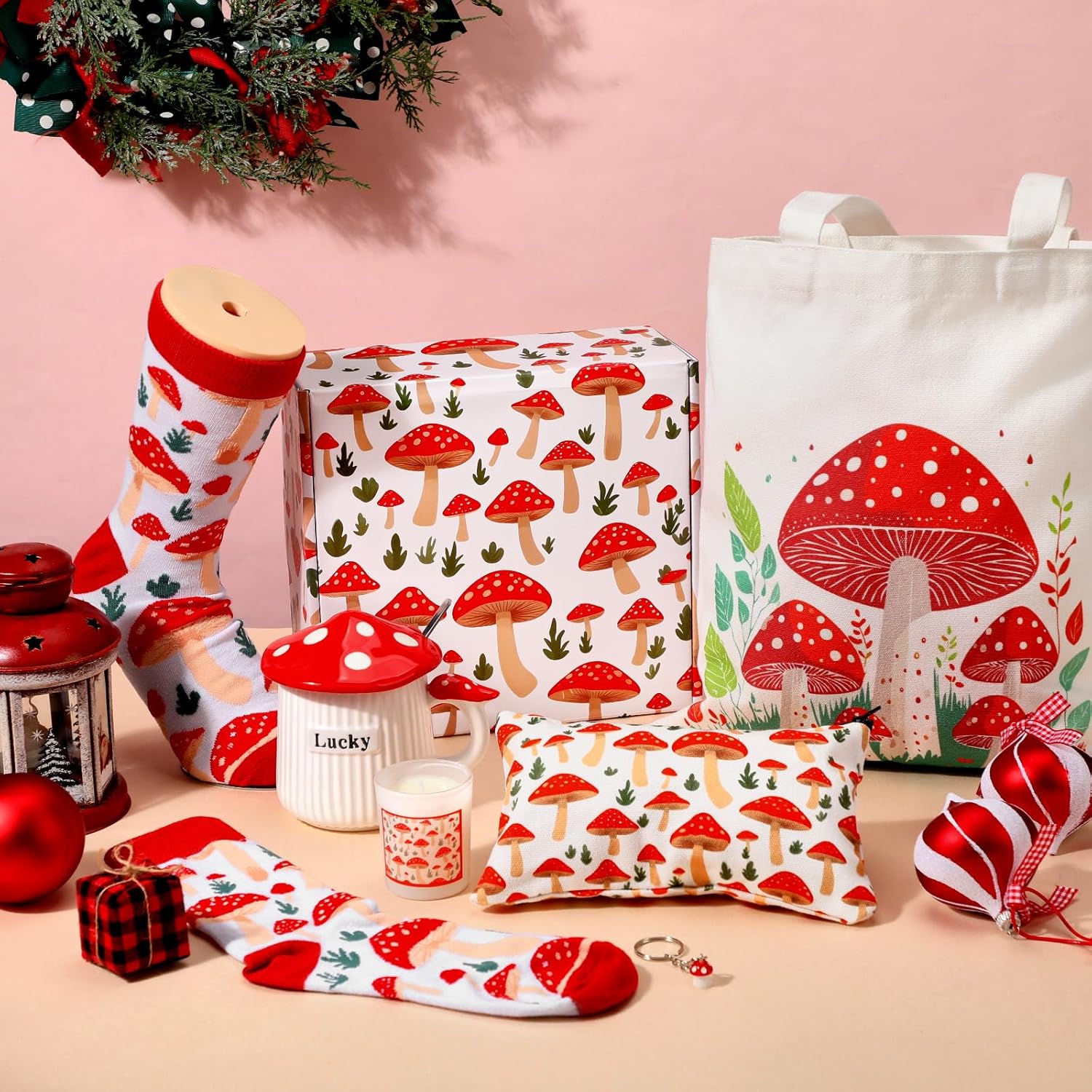 Tioncy 7 Pcs Christmas Mushroom Gifts Set for Women Include Mushroom Mug Tote Bag Canvas Makeup Bag Candle Socks Keychain Gift Box for Plant Cute Stuff Lovers - Image 5