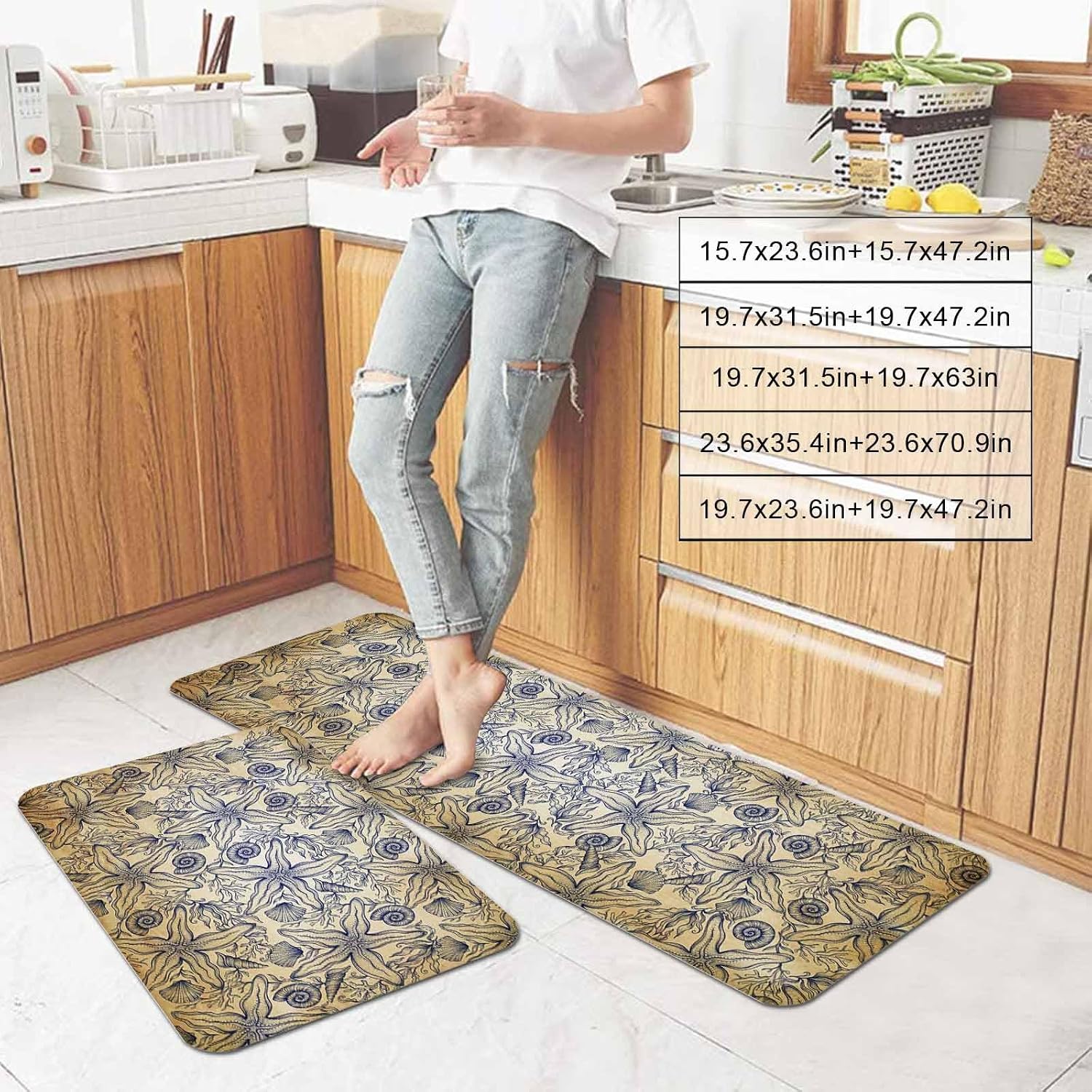 Prime Leader Vintage Ocean Flower Kitchen Mat Set 2 Pieces Retro Nautical Brown Sea Shell Floral Non Slip Kitchen Rugs Washable Runner Rug Mats for Sink Laundry (19.7" x 31.5"+19.7" x 47.2")