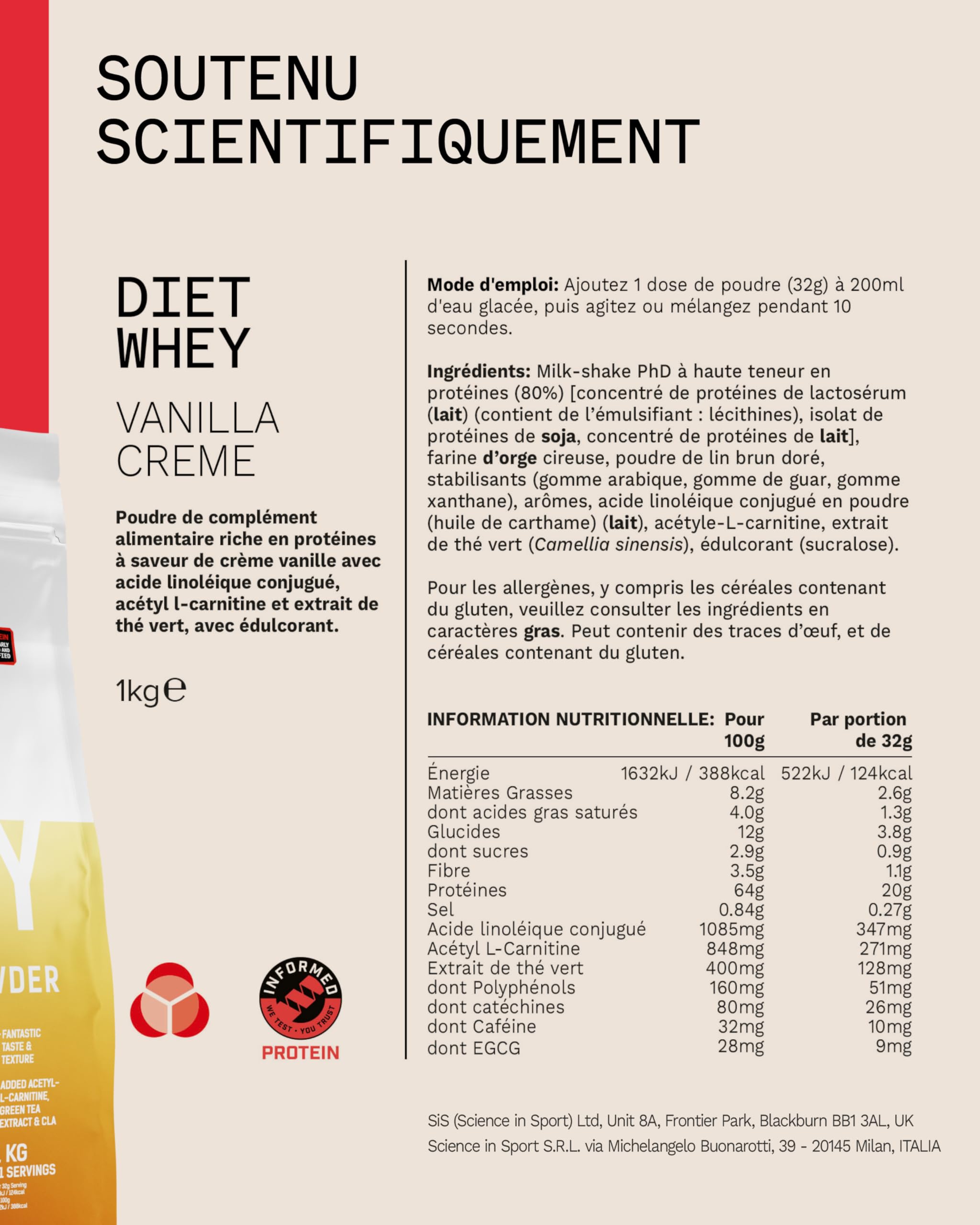PhD Nutrition Diet Whey Protein Poudre 1kg Crème Vanille, Poudre protéinée peu calorique pour le soutien du régime, 16g de protéine par portion