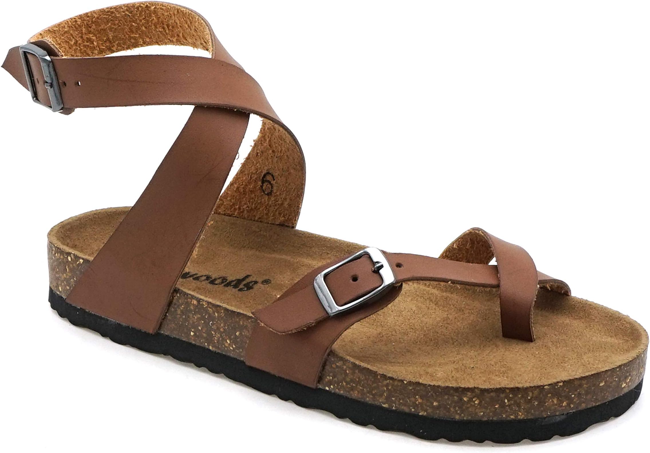 OUTWOODS Women's Bork-39 Vegan Leather Adjustable Ankle Strap Toe Loop Sandals,Brown, 10M