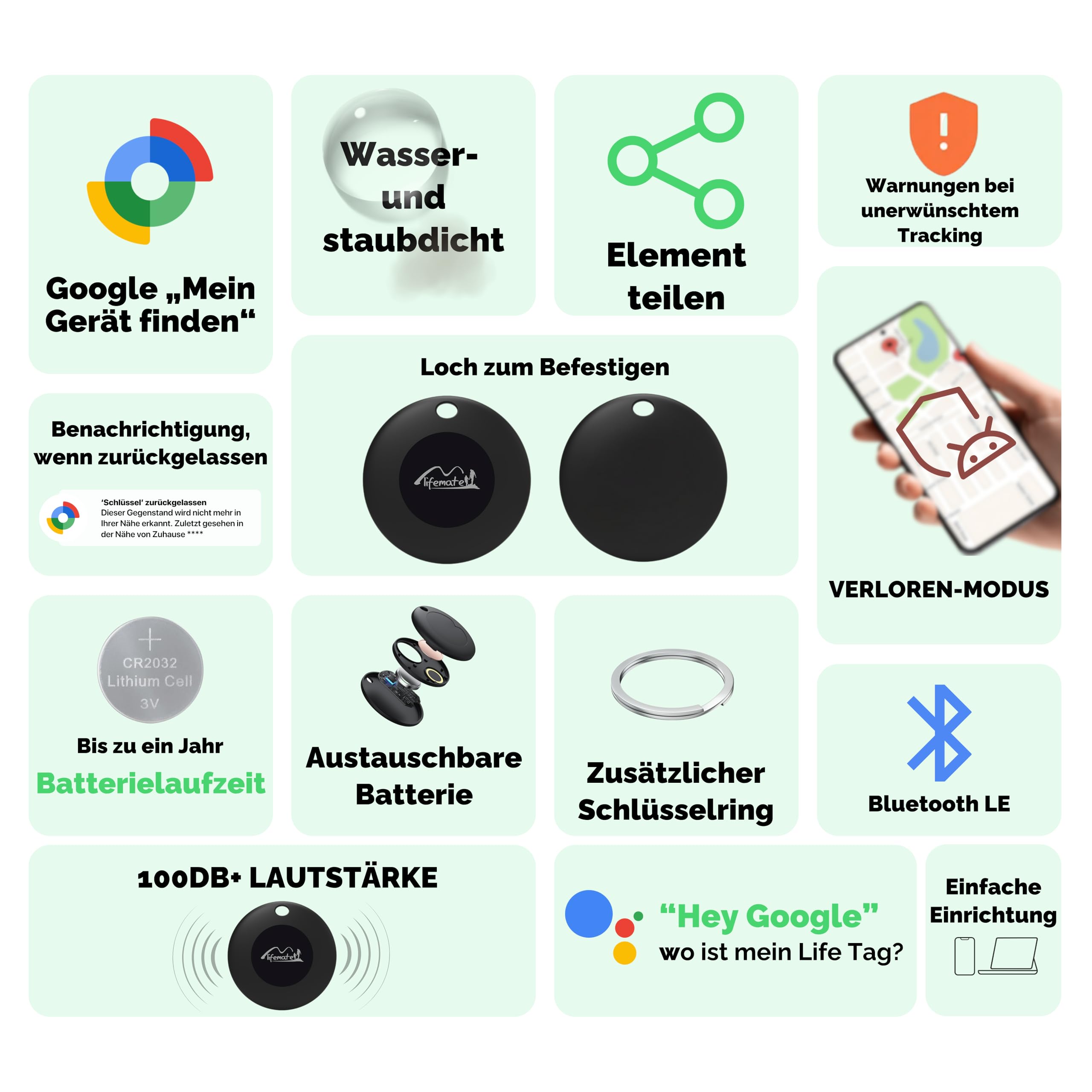 Lifemate Life Tag 6er-Pack – Bluetooth Tracker Android mit „Mein Gerät Finden“-App, Wasserdicht, Lange Batterielaufzeit Android Tracker Tag – Ideal für Schlüssel, Taschen, Haustiere & Gepäck