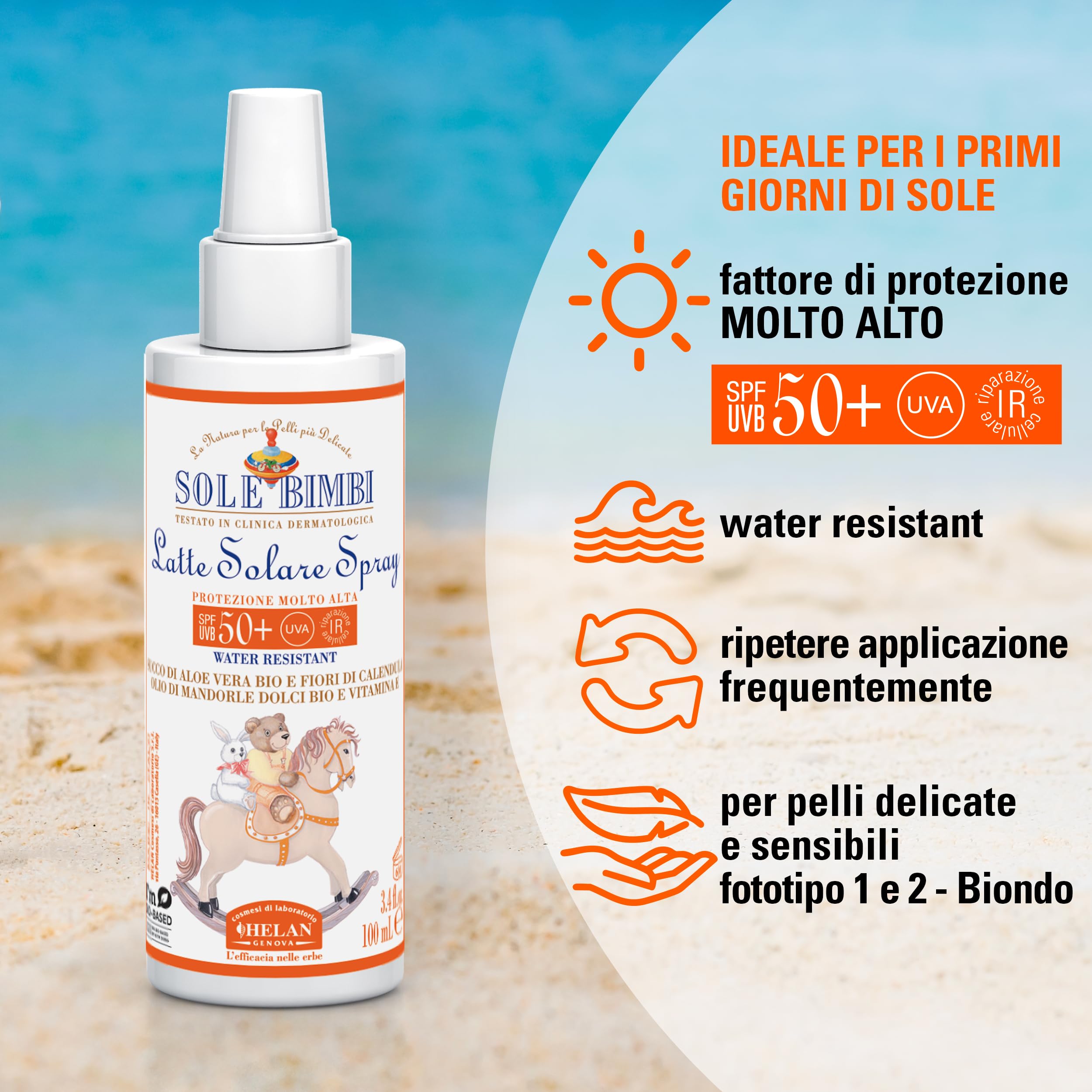 Helan, Sole Bimbi - Crema Solare 50+ Bambini e Neonati Spray Protezione Solare 50+ SPF Molto Alta contro Raggi UVB/UVA, Crema Solare Viso Corpo con Olio di Mandorle Dolci, Vitamina E, Aloe Vera 100 ml
