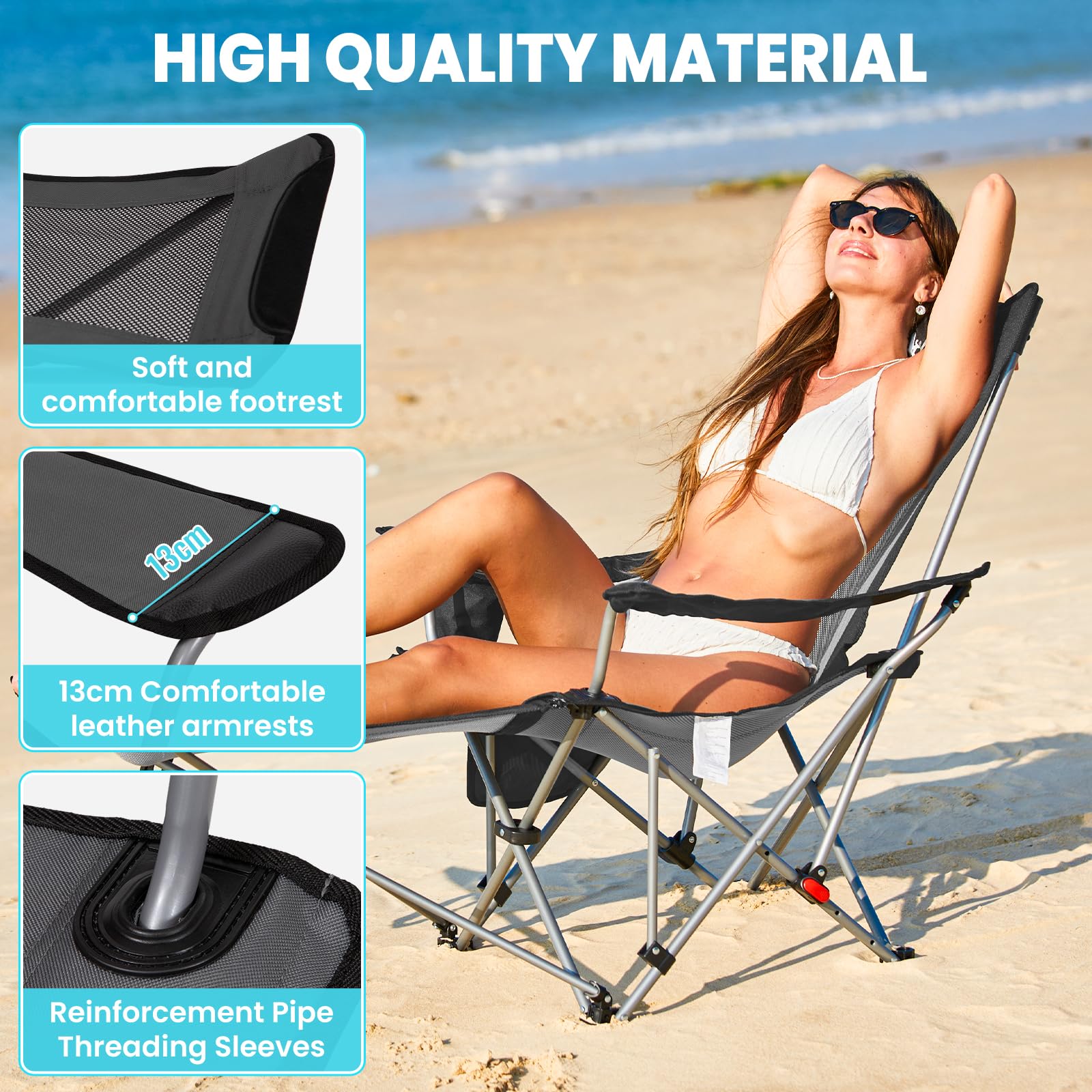 #WEJOY Krzesło kempingowe 2 w 1, składane, 180 kg, z podnóżkiem, krzesło plażowe z 4-stopniową regulacją oparcia, fotel relaksacyjny z uchwytem na napoje, krzesło kempingowe na kemping, do aktywności