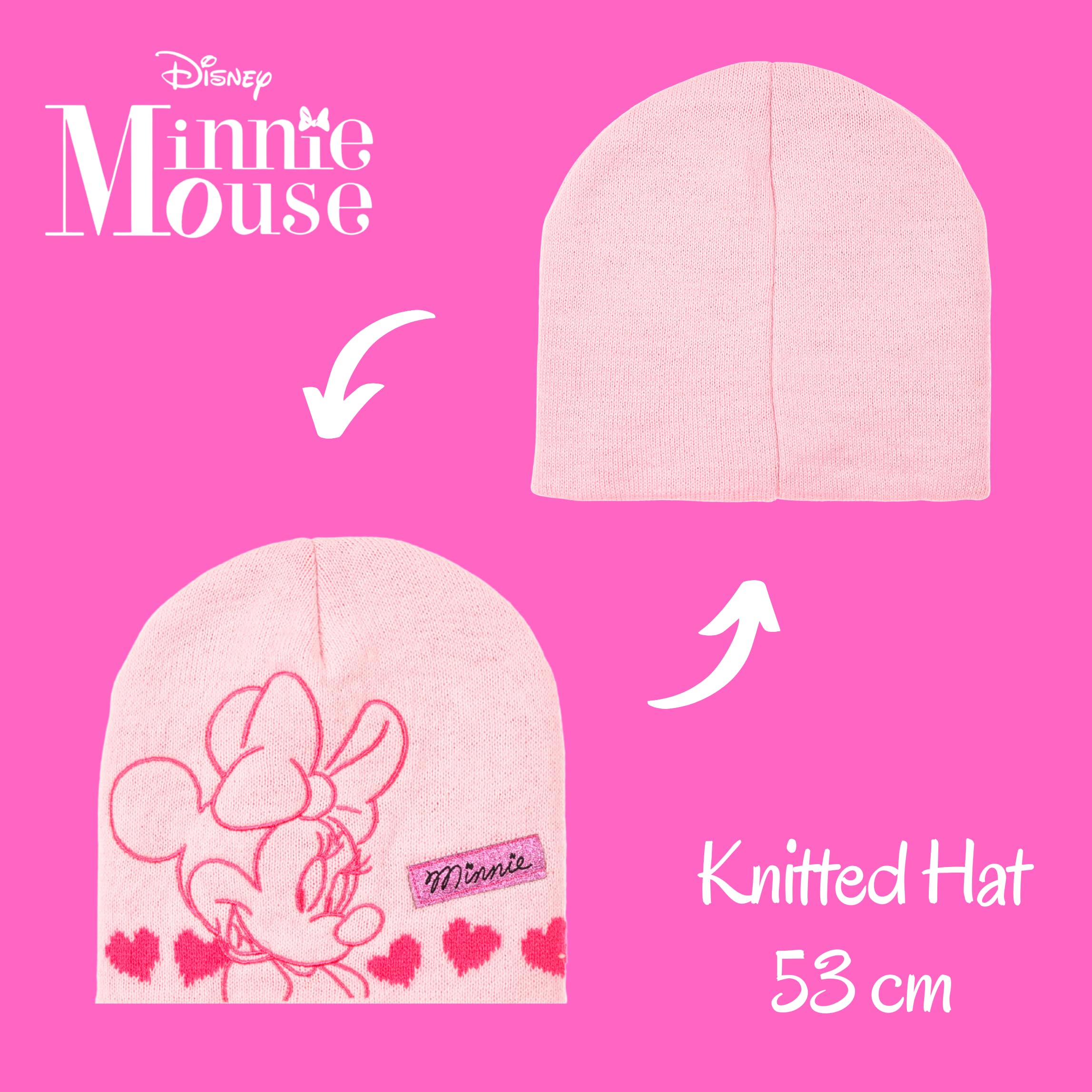 Disney Minnie Mouse Gorro Bufanda Guantes y Orejeras para Niñas, Diseño Brillante Gorro de Invierno Infantil, Regalo para Niñas