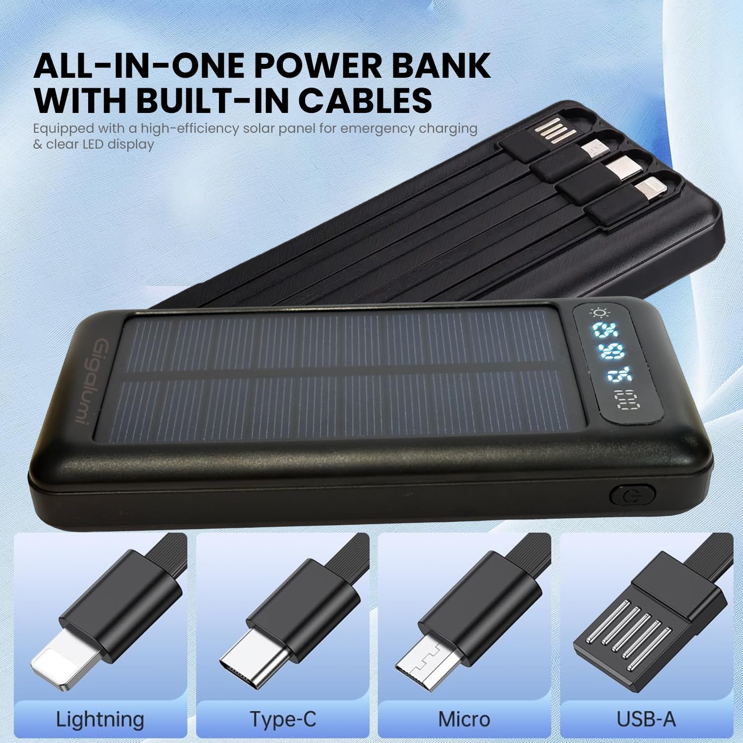 GIGALUMI 10000mAh Solar Power Bank Built-in COB Flashlight Portable Charging Device with LED Indicators 2 USB Output Ports & USB-A to Micro-USB Cable for Smartphones Tablets... 4 GIGALUMI 10000mAh Solar Power Bank Built-in COB Flashlight Portable Charging Device with LED Indicators 2 USB Output Ports & USB-A to Micro-USB Cable for Smartphones Tablets... - Image 4
