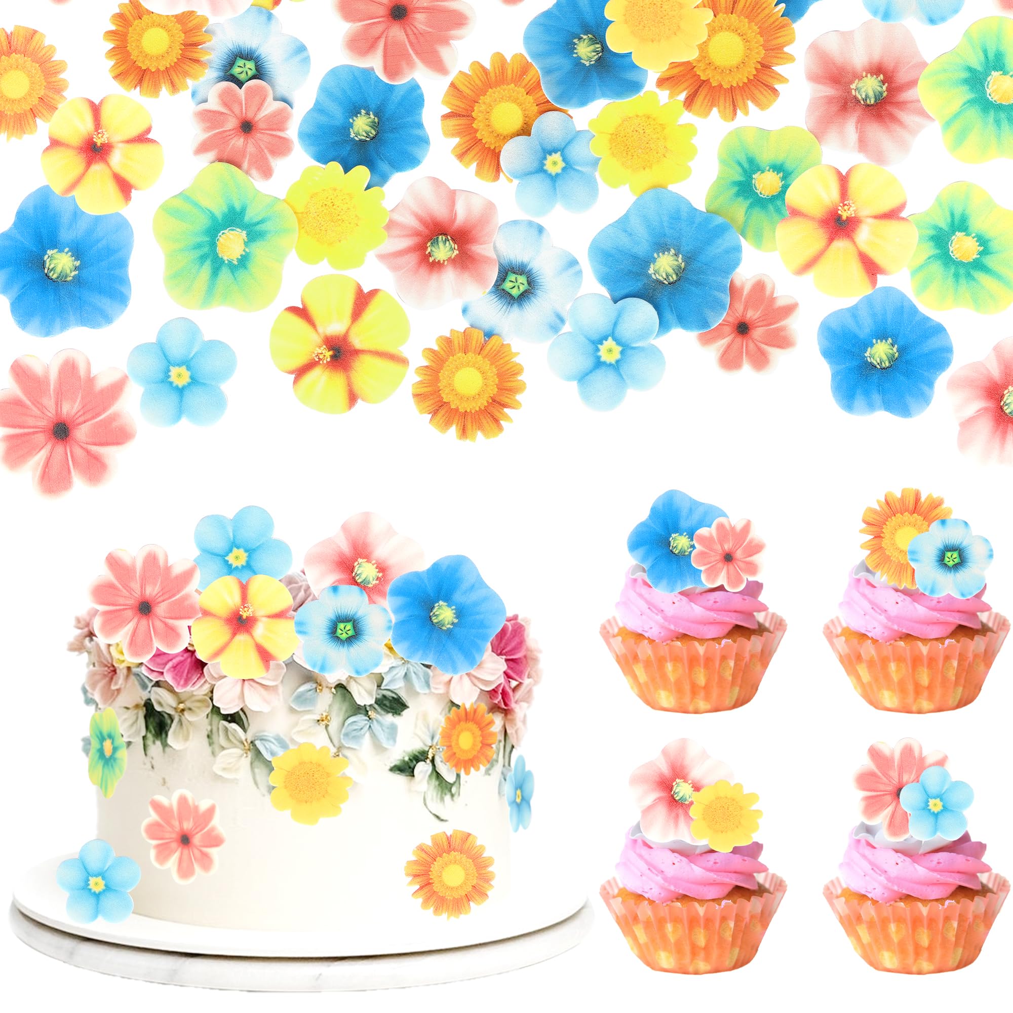 80 PCS Edible Flowers Cake Decorations Edible Daisy Cupcake Toppers Sunflower Cupcake Decoration Flower Birthday Party Decor for Baby Shower Wedding Birthday Party Cake Food Decorations Supplies