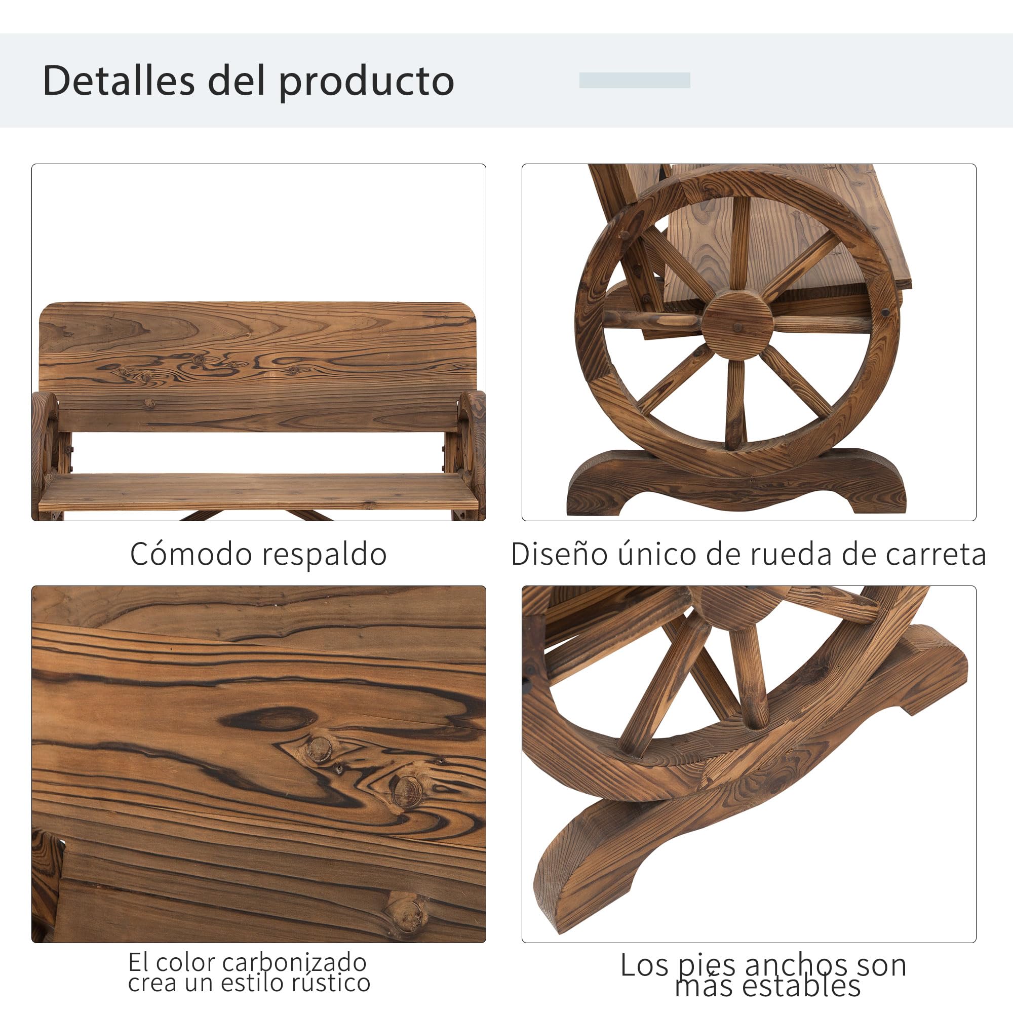 Outsunny Banco de Jardín de Madera Banco de Exterior con Reposabrazos y 2 Ruedas Decorativas Estilo Rústico Carga 250 kg para Patio Terraza 114x58x80 cm Carbonizado