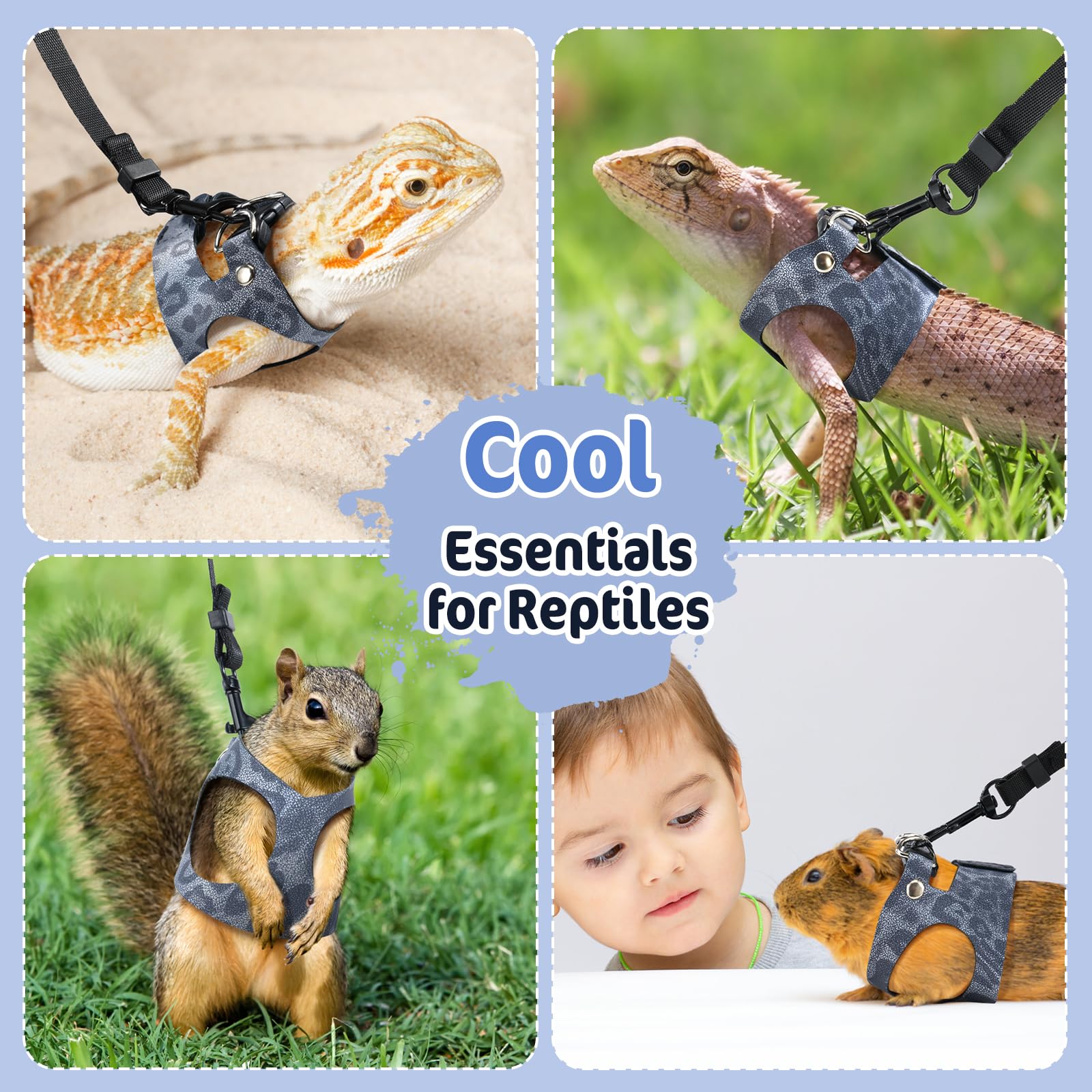 Pawaboo 3 Pack Harnais de Dragon Bardu Laisse Réglable de Lézard, Harnais de Reptile, S&M&L, Bleu Poussière