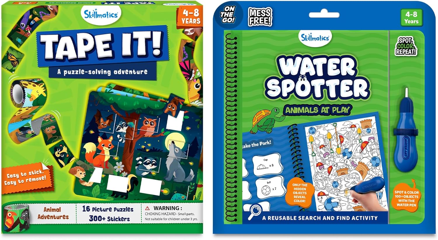 Skillmatics Tape It Animals & Water Spotter Animals at Play Bundle, Mess-Free DIY Activity Kits, Travel Toys, Gifts for Boys & Girls Ages 4, 5, 6, 7 & 8
