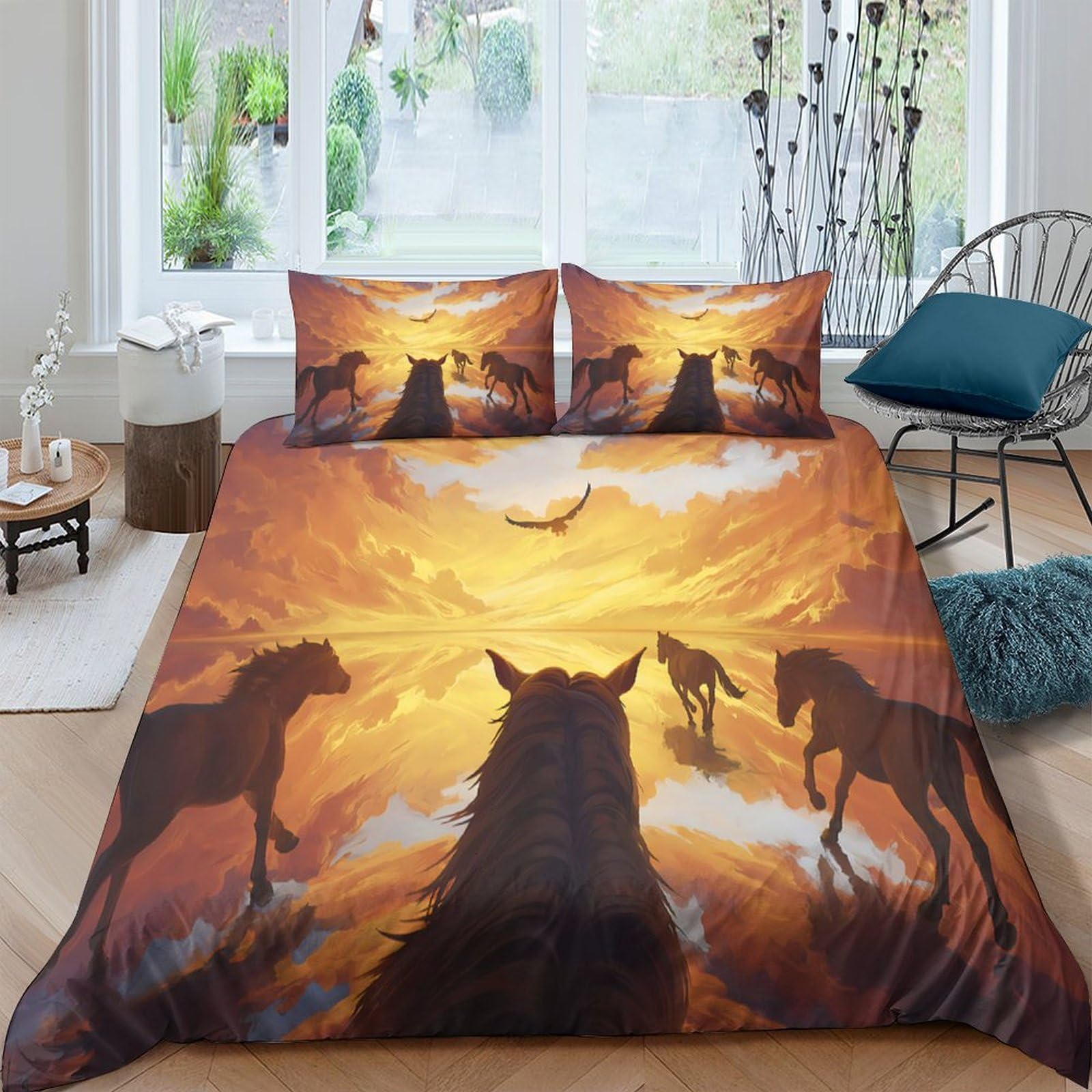 Ctjqhvkz Style-7 3D Printed Sunset Wild Horse Fitted Sheet Microfiber Anti-Slip Bed Cover For Bedroom Guest Room Decor Single（135X200cm）