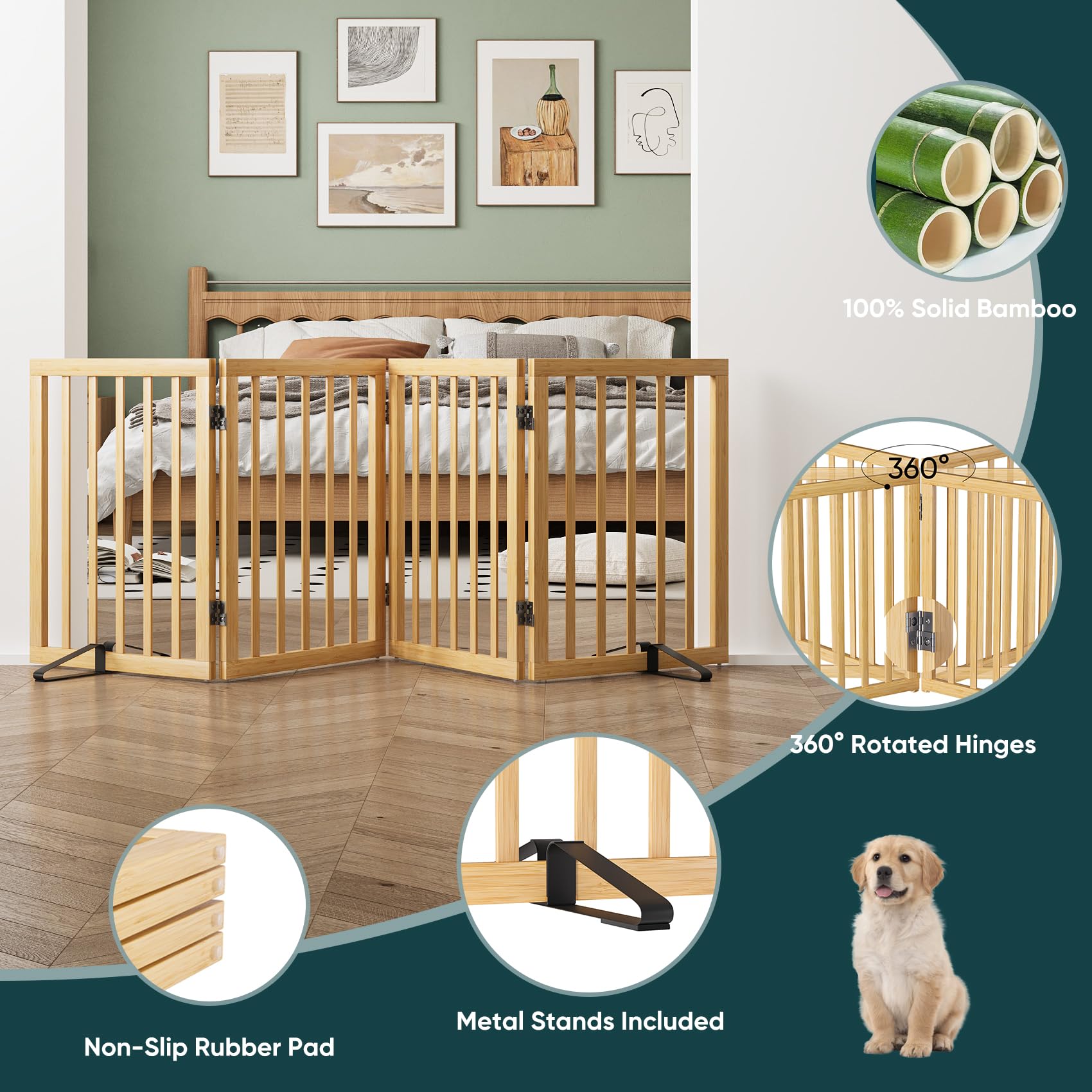Semiocthome Freestanding Dog Gates and Barriers Indoor, Pet Gates for Doorways and Stairs, 60cm (H) - 4 Panels Puppy Gate with 2 Metals Stands, Adjustable Safety Fence Fit Up to 188cm - Natural — view 3