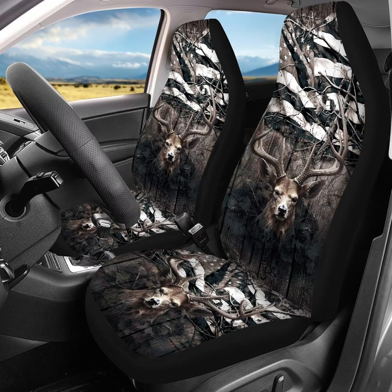 Deer Flag Tree Camo Pattern Car Seat Covers Full Set, Front Seat Covers and Split Rear Bench Seat Covers, Universal Fit for Most Cars, Sedan, Truck, SUV