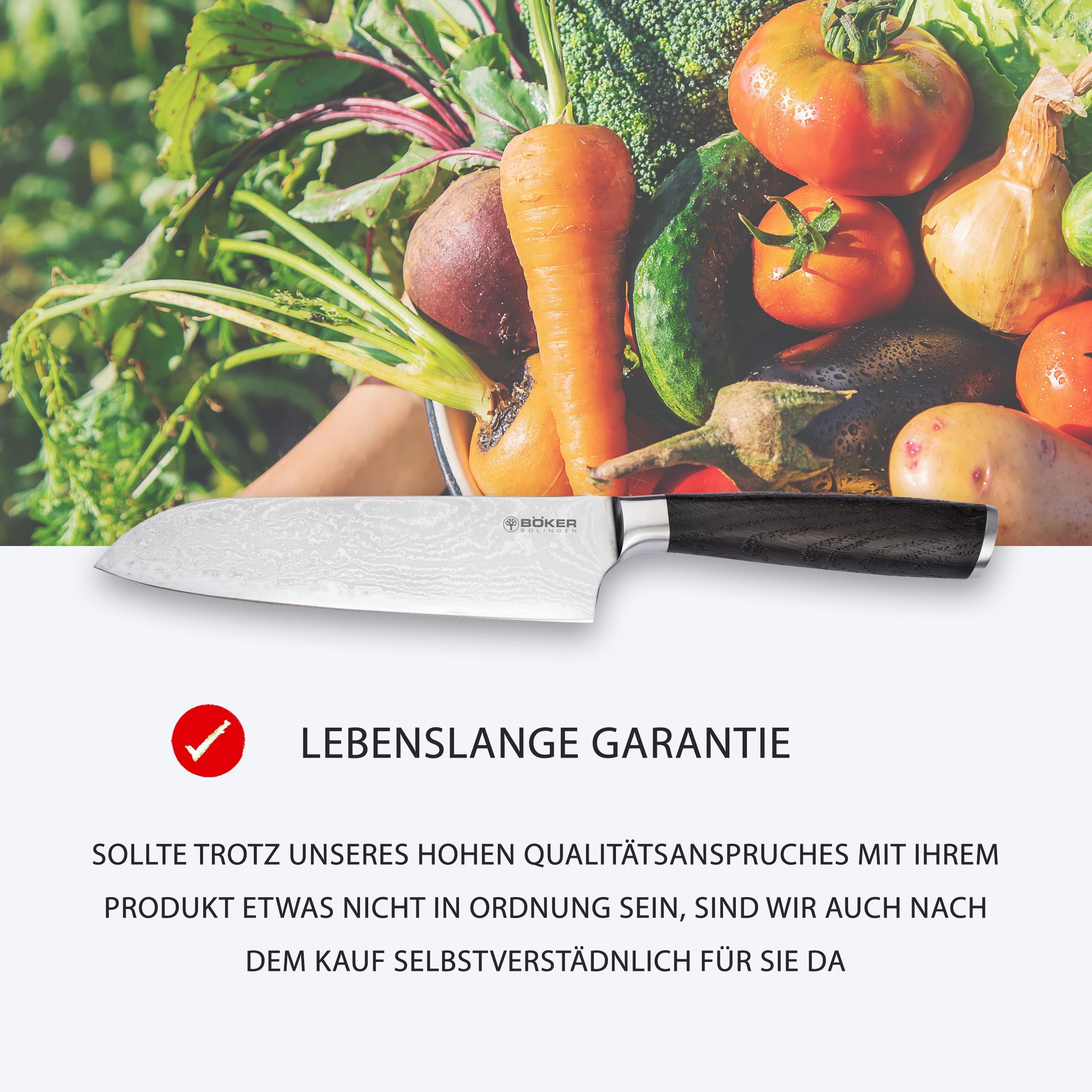 Böker SOLINGEN® Meisterklinge Damast Santoku - extrem scharfes Profi Kochmesser mit 16,5 cm Hybrid Damast Klinge - geschmiedetes Allzweck-Küchenmesser mit Räucher-Eiche Holzgriff in Geschenk-Box