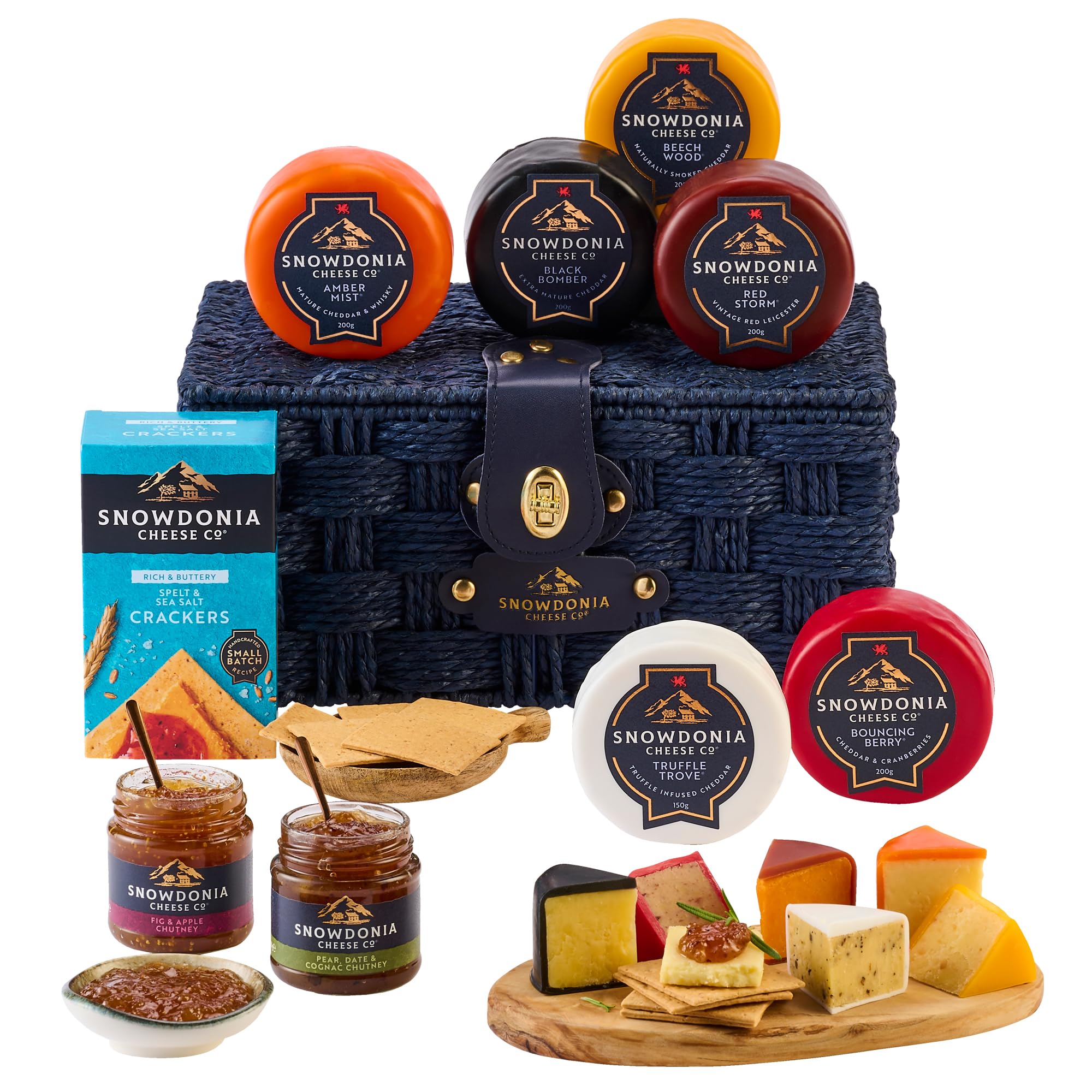 Snowdonia Cheese Company | Indulgent Cheese Hamper | 6 Luxury Welsh Cheeses, 2 Chutneys, Spelt & Natural Yoghurt Crackers | Delivered Chilled