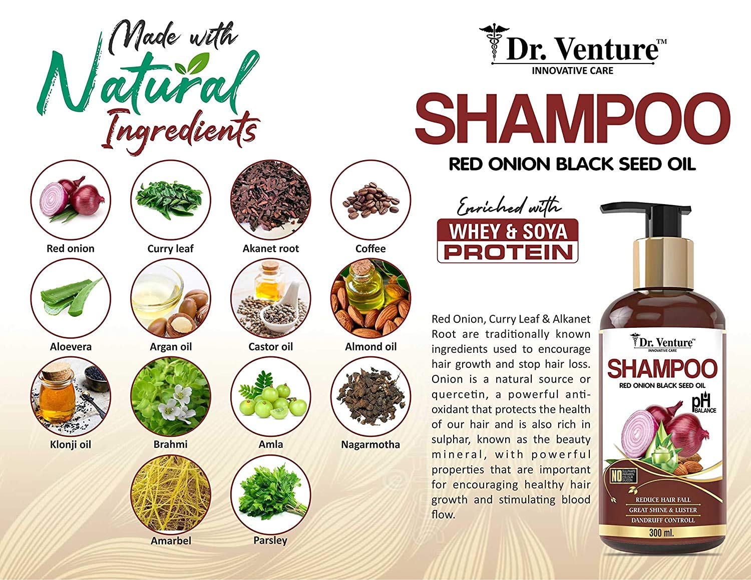 Dr. Venture Red Onion Shampoo With Red Onion Black Seed Oil Extract For Hair Growth, Hair Strengthening, Hairfall And Dandruff Control, No Paraben No Silicone No Sulphate No Colour 300 ml pack of 1 1