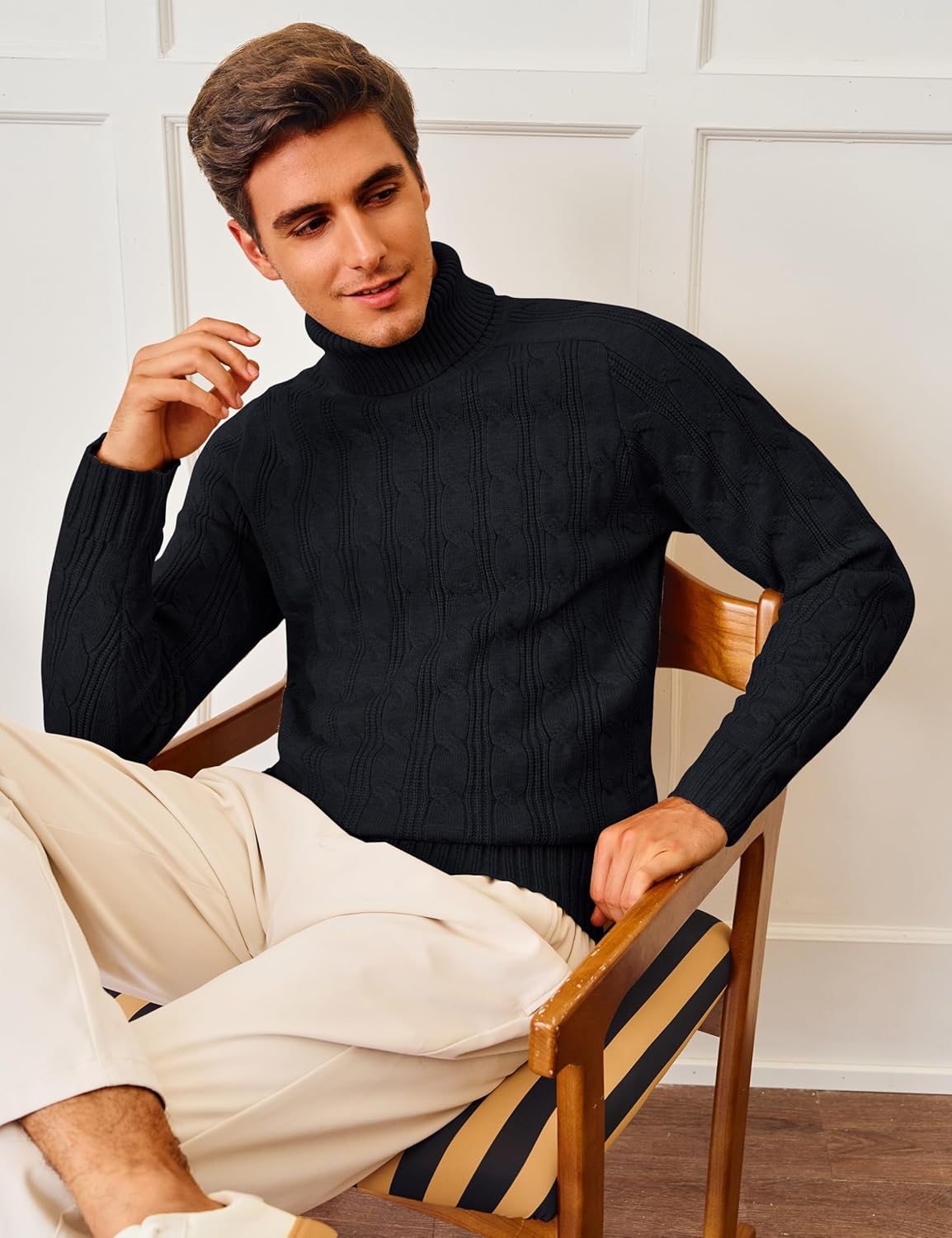 Cotrasen Men's Turtleneck Sweater Long Sleeve Cable Knit Sweater Casual Fall Winter Warm Twisted Pullover Sweaters - Image 3