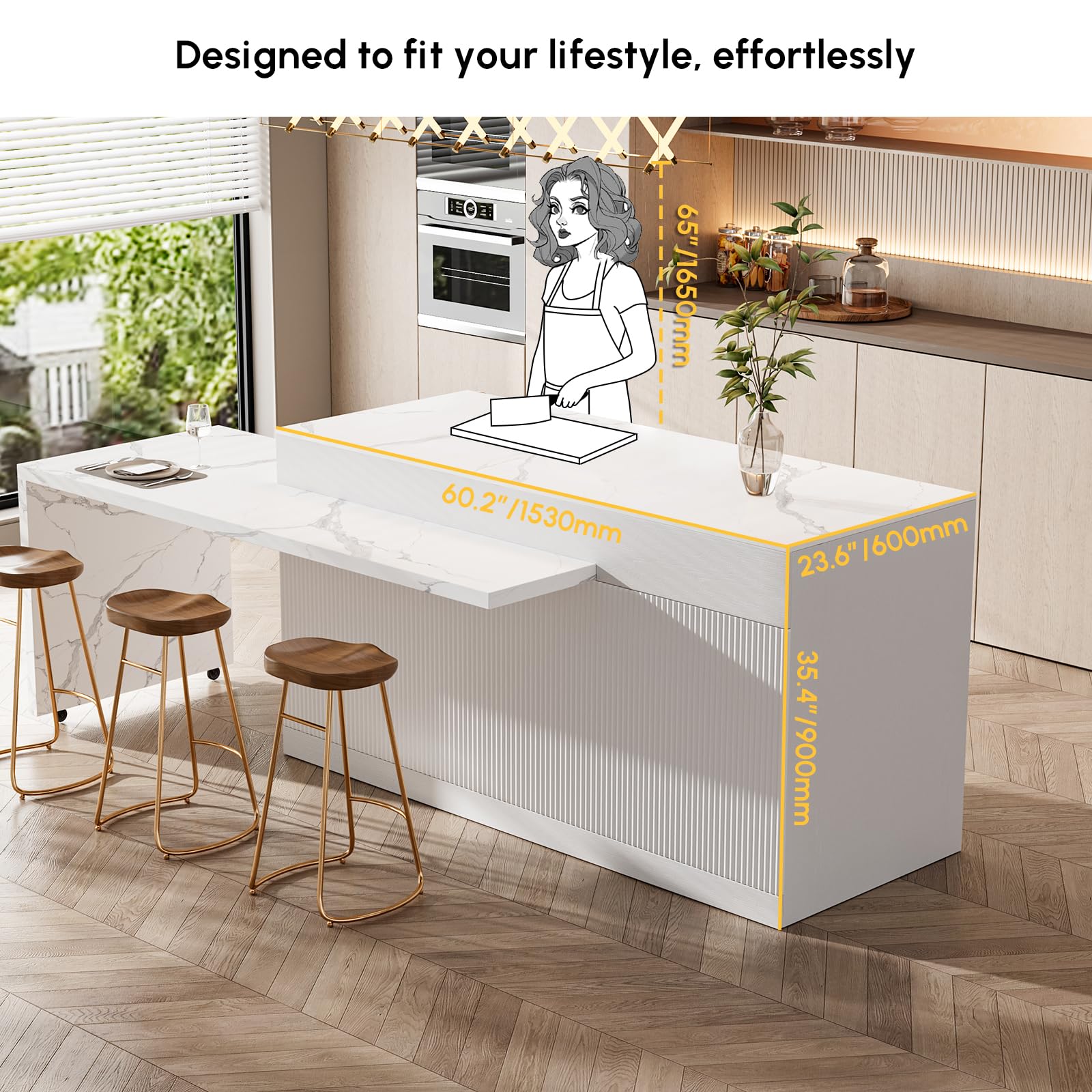 Homary Îlot Central de Cuisine Extensible avec Rangements 205-268 cm, Meuble Îlot Moderne avec 3 Tiroirs, 3 Portes & 2 Étagères, en Bois, Résistant à l'eau, pour Salle à Manger