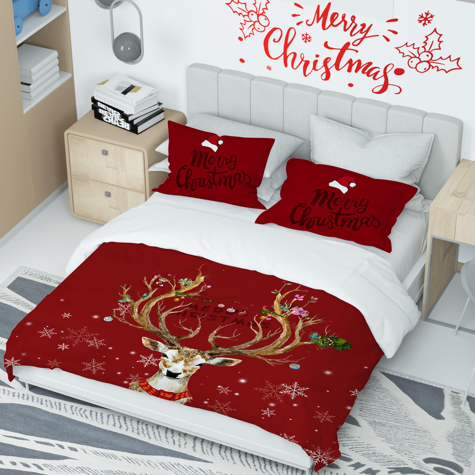AVJWWD Set di biancheria da letto natalizia,Microfibra Copripiumino con Babbo Natale e alce motivo,decorazione natalizia, set regalo per ragazzi e ragazze (Alce Rosso, 220 x 240 cm)