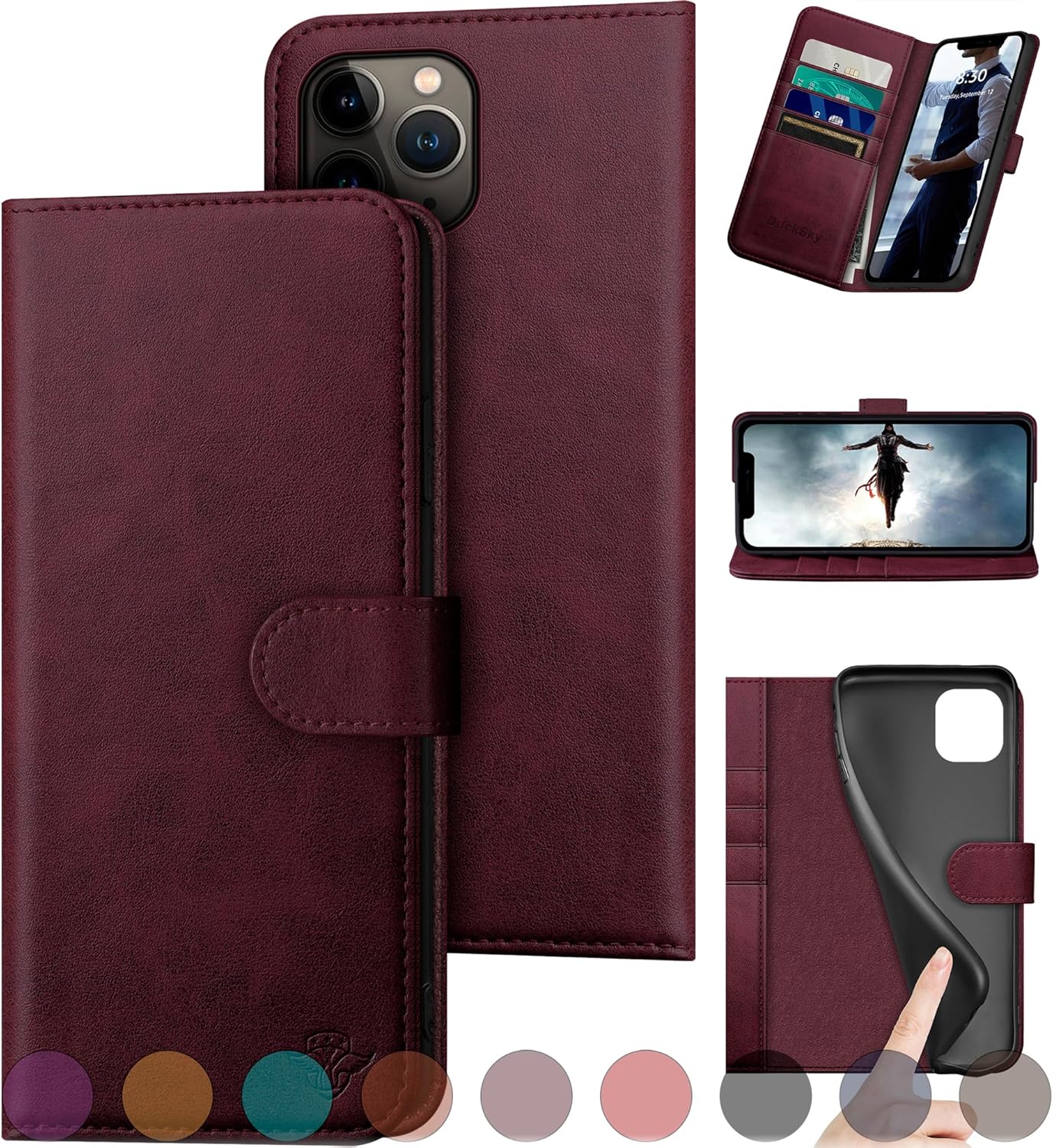 DuckSky for iPhone 11 Pro Max Genuine Leather Wallet case 【RFID Blocking】【4 Credit Card Holder】【Real Leather】 Flip Folio Book Phone case Protective Cover Women Men for Apple 11ProMax case Wine Red