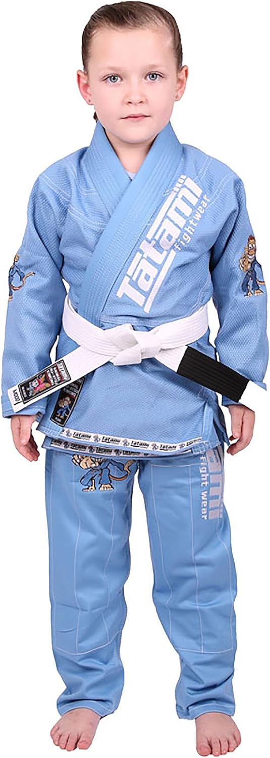 Tatami Fightwear Meerkatsu Kids Animal Jiu Jitsu Gi, 425GSM Jacket, Twill BJJ Pants, and White Belt, Sky Blue, M0