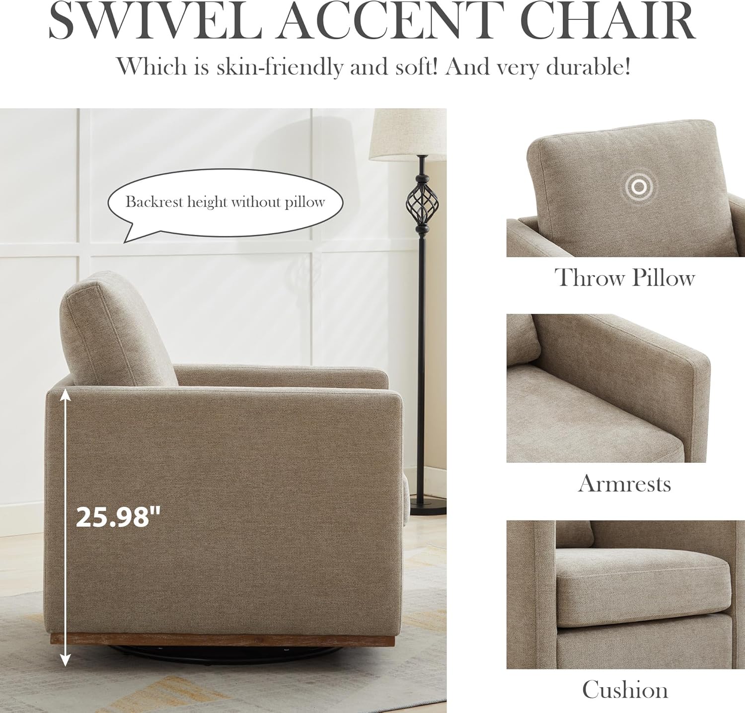 Aoiy & Wifon 30.7" W Swivel Accent Chair, Mid Century Modern Swivel Chair for Living Room, Comfy Small Accent Chair, Wavy Chenille, Taupe
