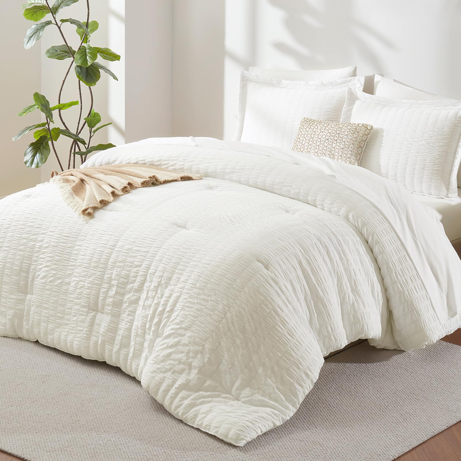 CozyLux Oversized King Comforter Set 120x98 in, 7-Piece Ivory Seersucker
