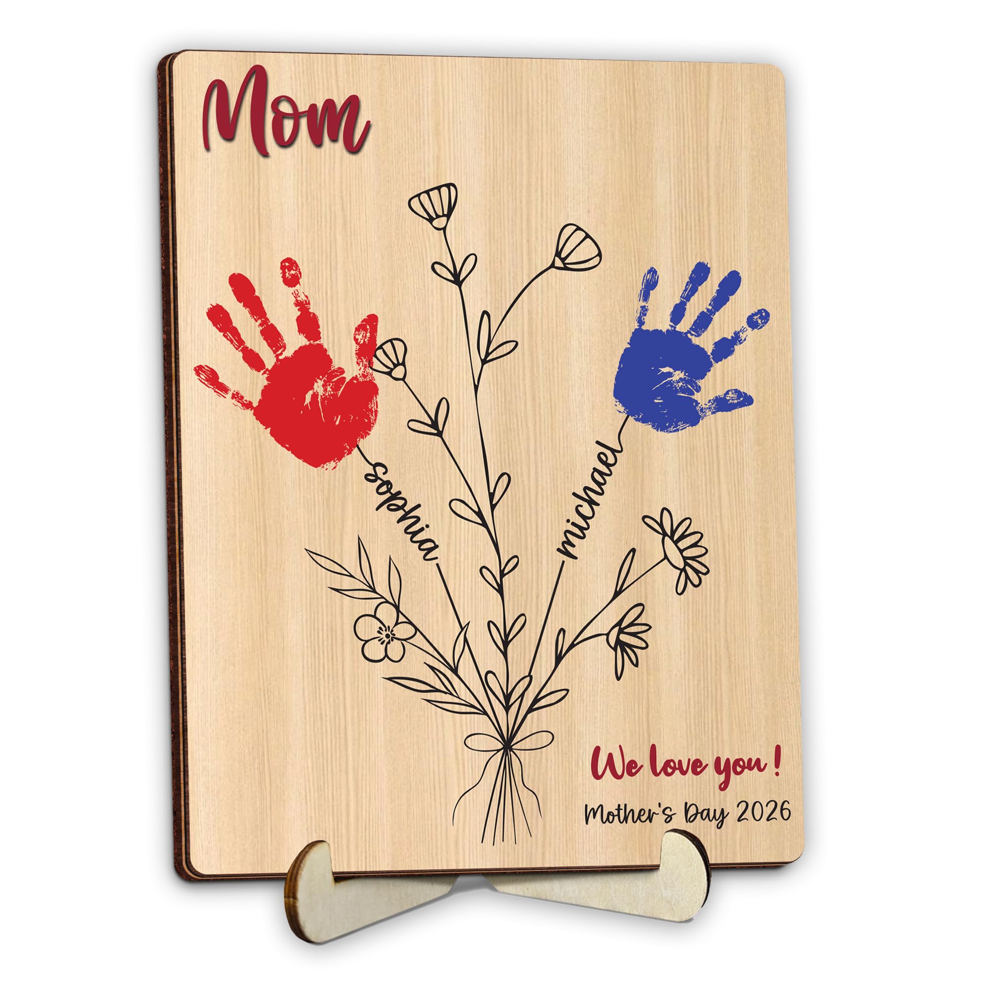 Personalized Handprint Wooden Sign for Mom Dad Grandma, DIY Kids Handprint Frame with Paints, Art Craft Family Keepsake, Mothers Fathers Day Valentines Birthday Gift for New Parents, Families