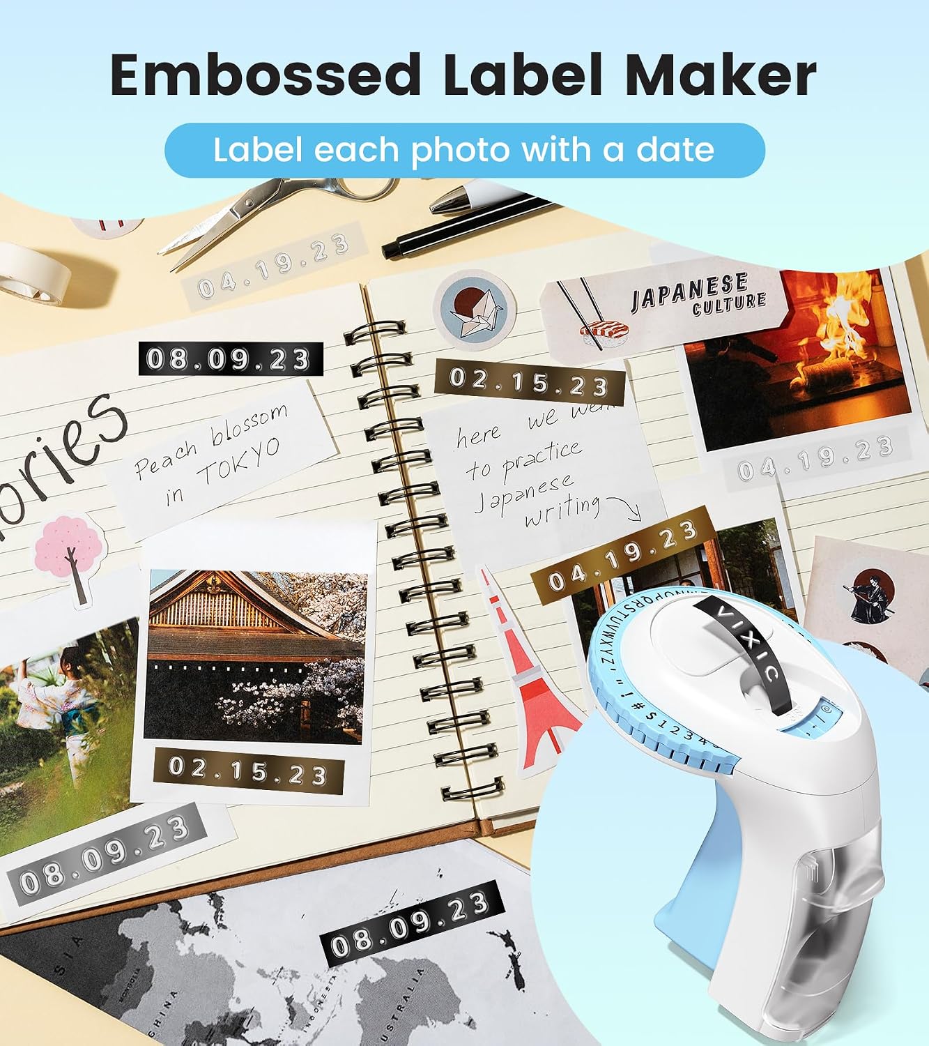 Examples of embossed labels used for organizing photos with dates, showing the versatility of the Vixic label maker.