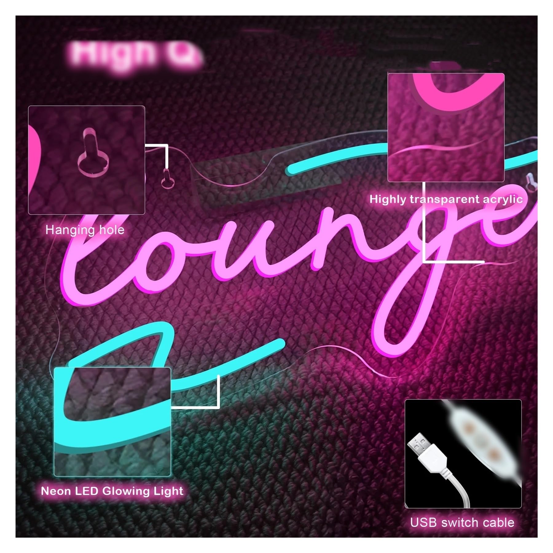 Hängende Kunst-Leuchtreklamen Neonschild Lounge USB-dimmbar, Für Zimmer, Bar, Hotel, Café, Nachtclub, VIP, Männerhöhle, Zuhause, Schlafzimmer, Dekoration 14.6×7.1in