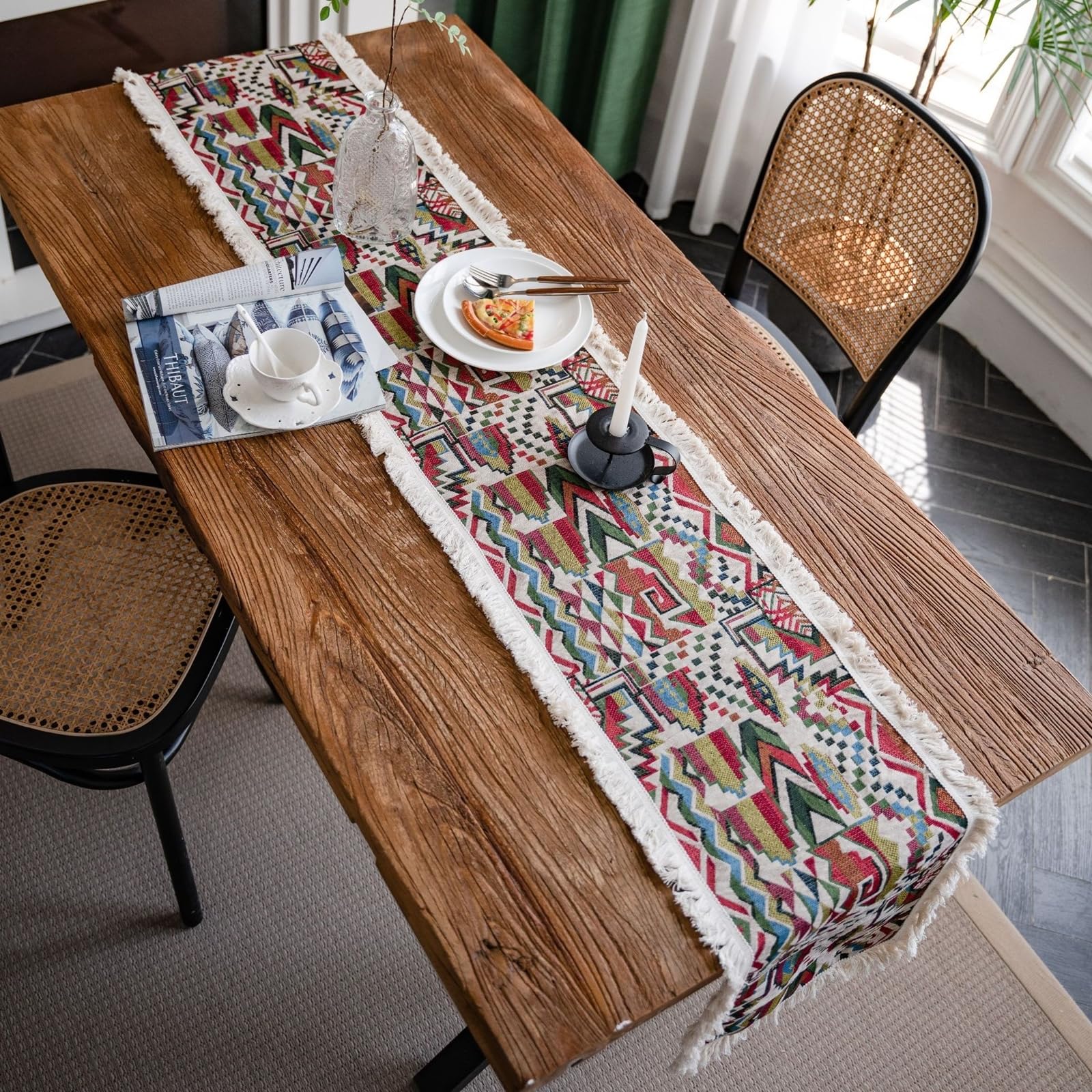Tischläufer Baumwollleinen Modern, Tischläufer Hochzeit 30x240 cm, Jacquard mit Geometrische Muster und Quasten