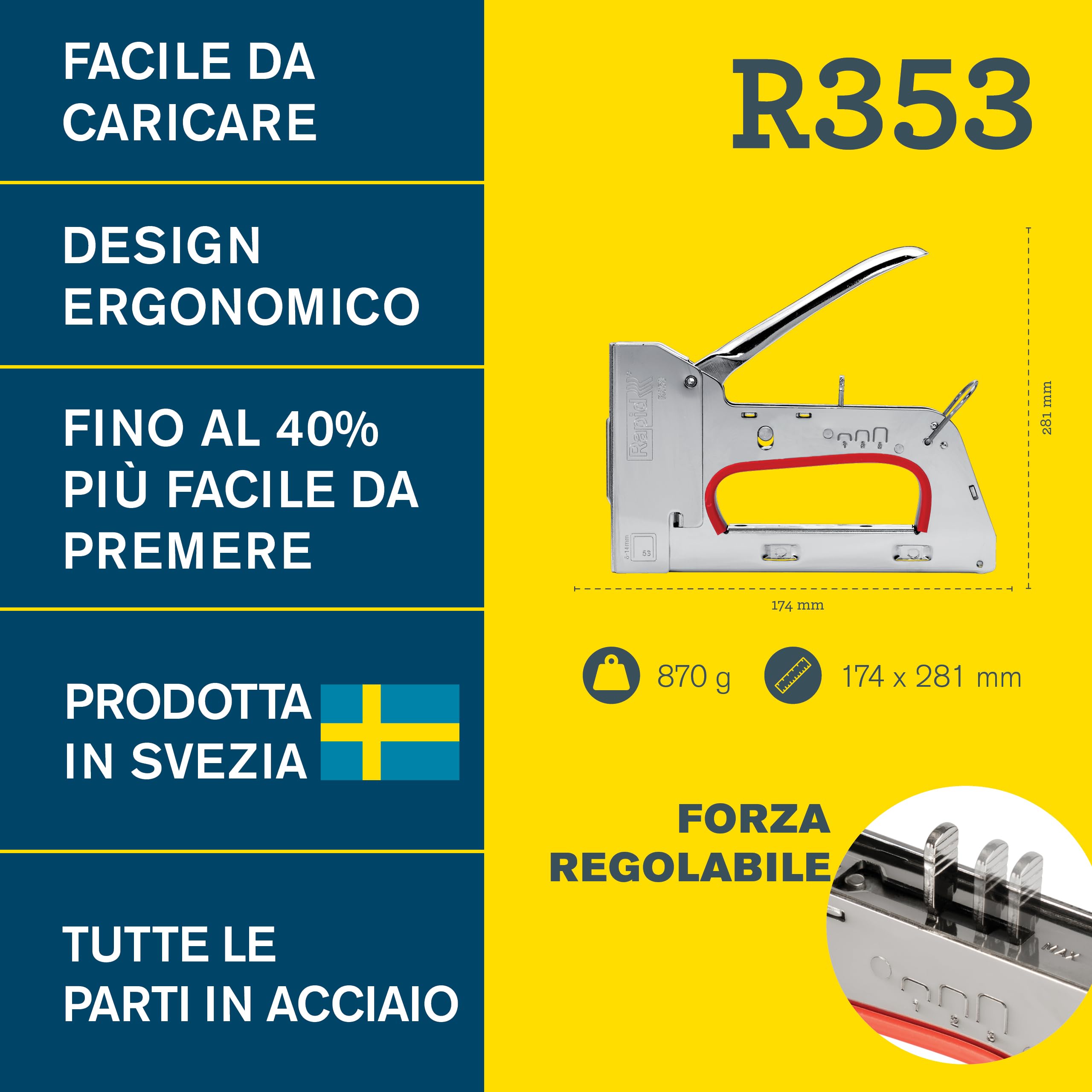 Rapid R353 PRO Graffatrice Manuale per Graffe n. 53, Dotata di Impugnatura Ergonomica, Regolatore di Forza in 3 Fasi, Adatta per Lavori di Tappezzeria Pesante, Realizzata in Svezia (5001666)
