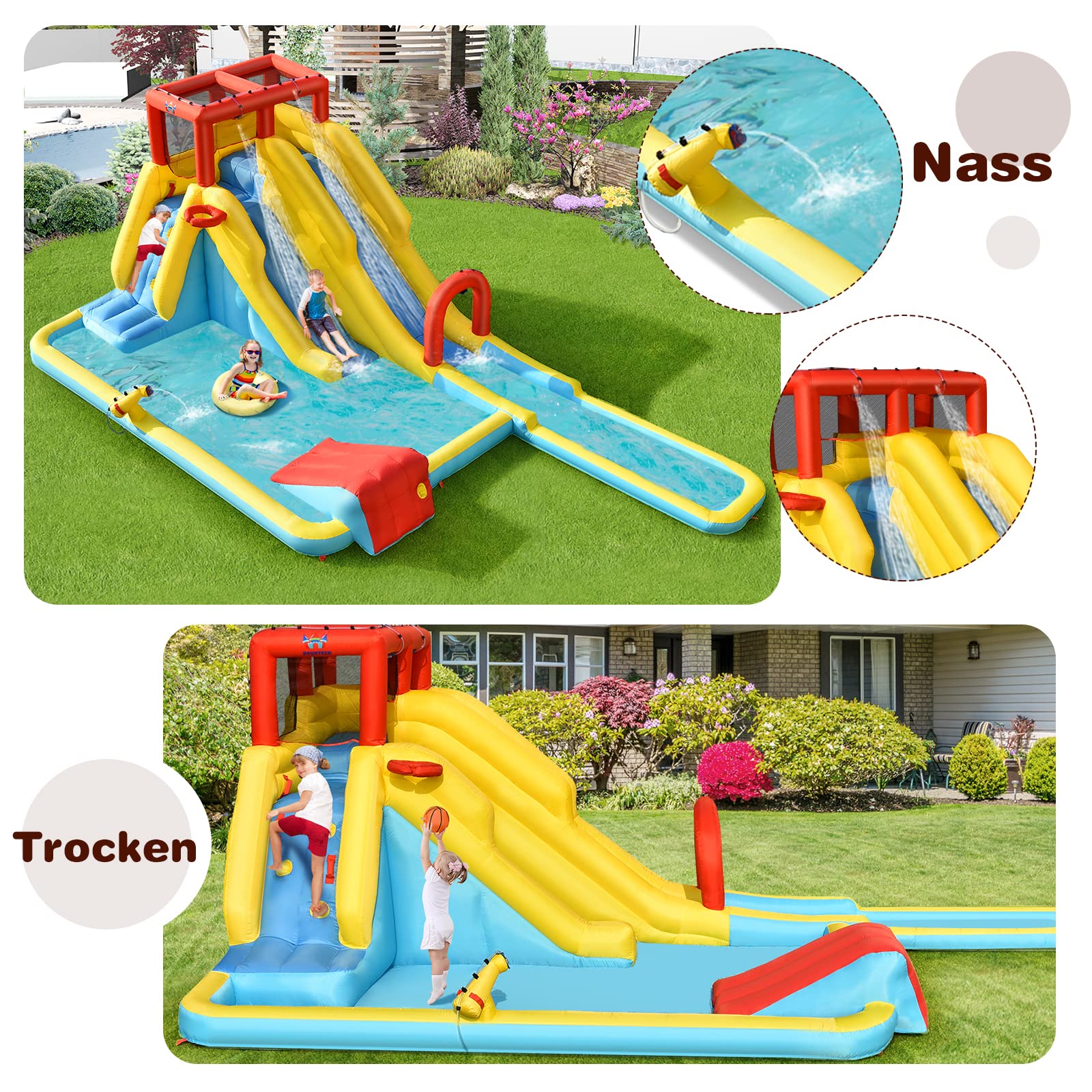 GOPLUS 7 in 1 Aufblasbare Hüpfburg, mit Rutsche, Kletterwand, Wasserbecken, Wasserpistole & Basketballkorb, Aufblasbare Wasserpark mit Tragetasche, für Kinder von 3-10 Jahren (Groß, Ohne Gebläse)