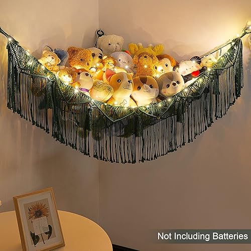 Miniatura 3 de Basumee Hamaca de animales de peluche, esquina con borlas, organizador de almacenamiento de juguetes, red colgante para almacenamiento de animales