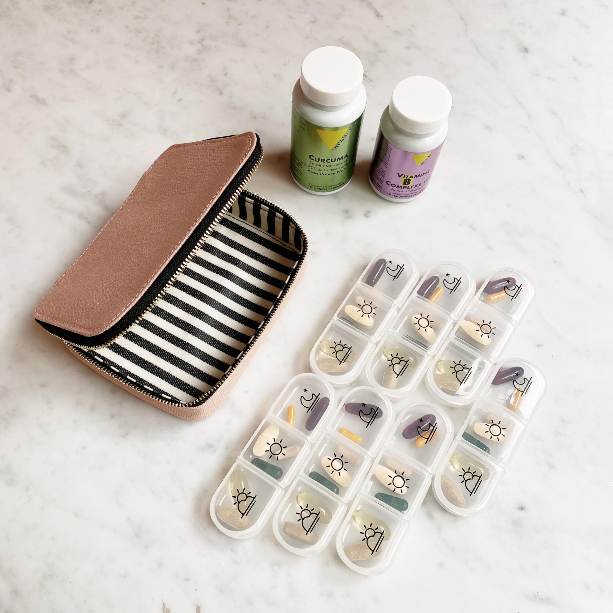 Bag-all Large Pill duże pudełko na tabletki w podróży, z dozownikiem tygodniowym, organizer na leki, z bawełny, z zamkiem błyskawicznym, torba podróżna z przegródkami, kolor różowy