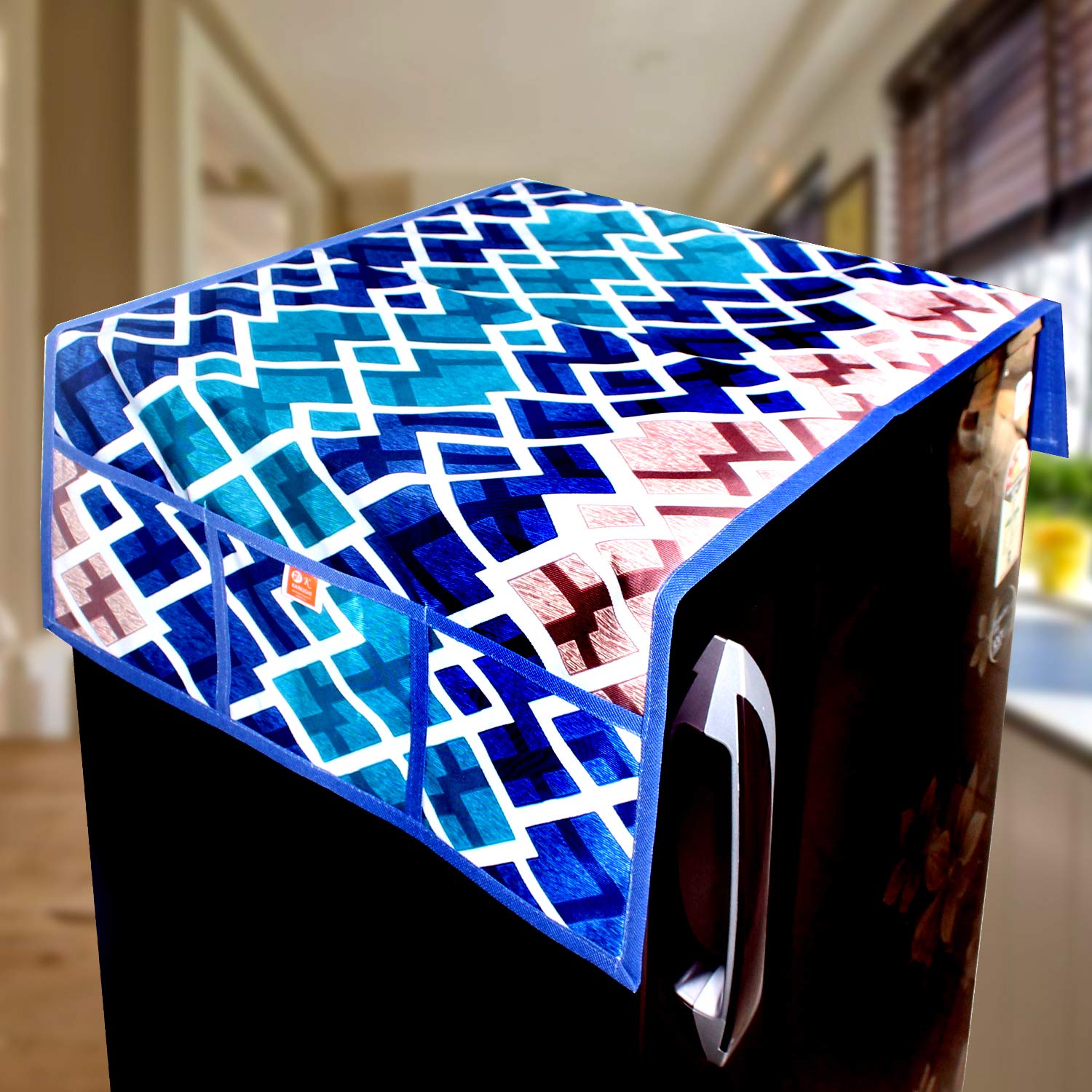 KANUSHI Industries® Checkered Design Fridge Top Cover with 6 Utility Pockets (Blue Color)