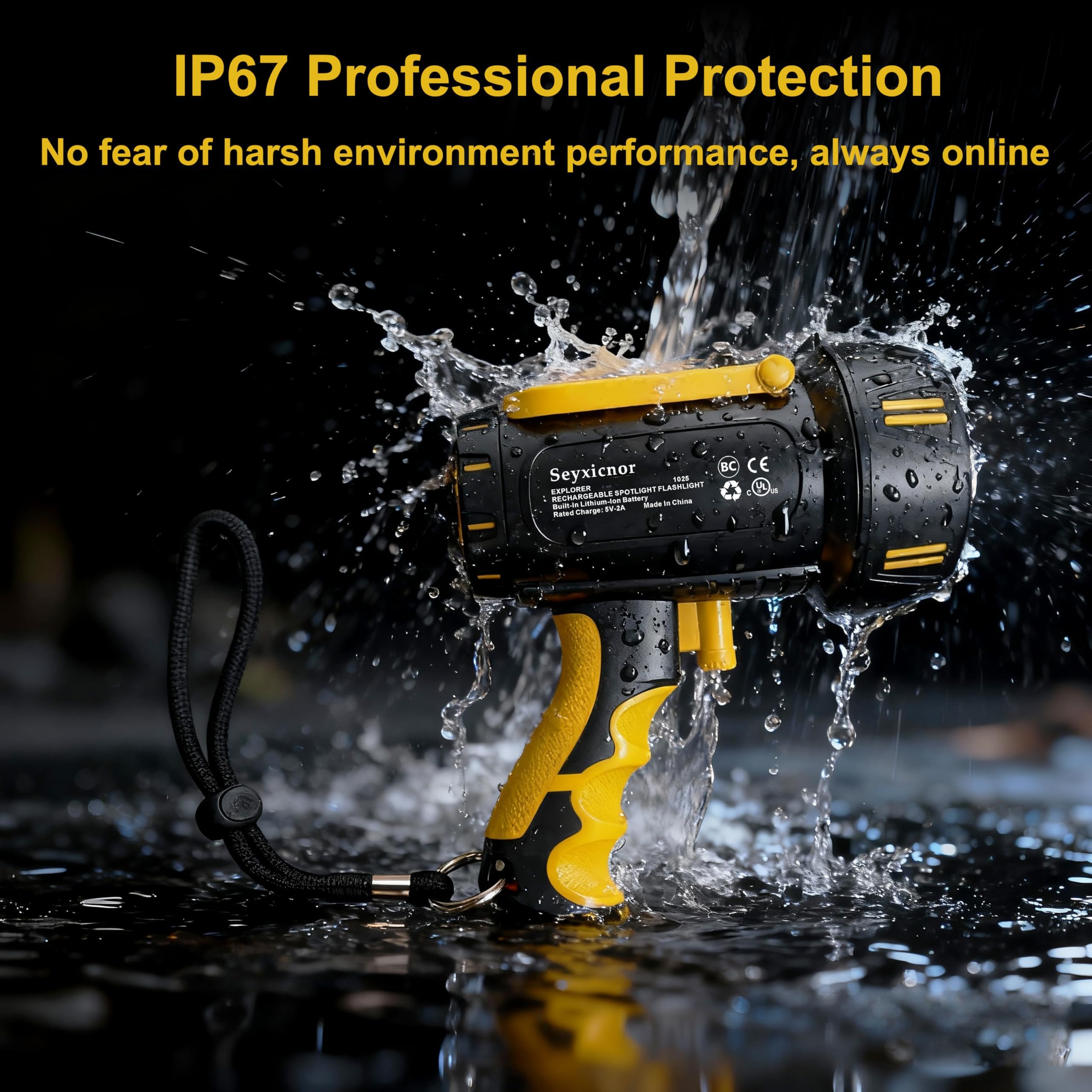 Foco recargable de 1650 lm y haz de 900 m con potente linterna de 13000 mAh, luz de búsqueda de mano impermeable IP67 para caza, camping, emergencia, regalo para papá con luz de advertencia