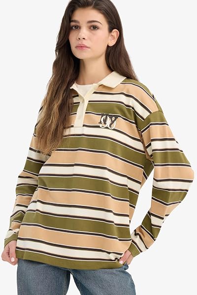 DeFacto%100 Pamuk Oversıze Polo Yaka Sweatshirt