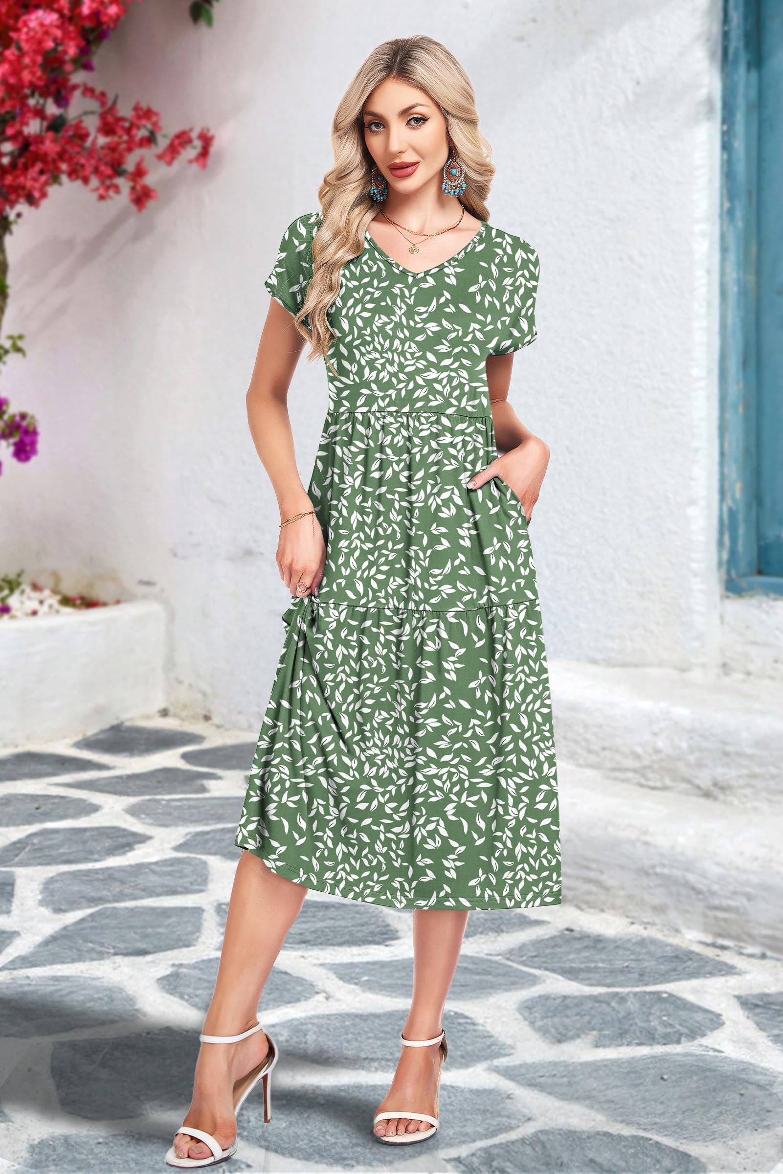 PLOKNRD Robe Longue Femme Été - Taille Haute, Col V, Manches Courtes avec Poches - Volants en Jersey Infroissable