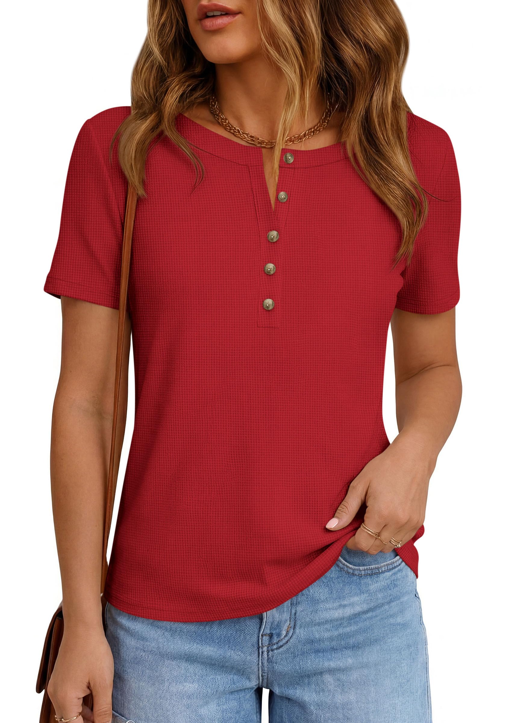 PRETTYGARDEN Waffle Knit Tops for Women Short Sleeve Henley Shirts 2026 Summer Blouses Dressy Casual Spring Fashion Clothes — view 3