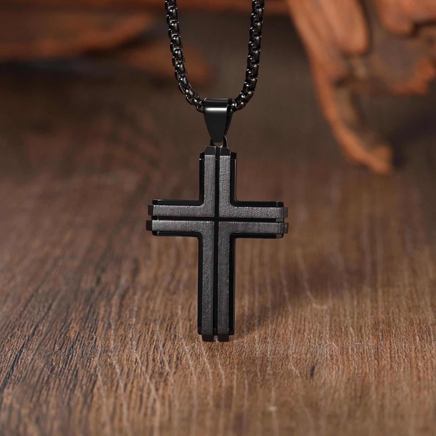 Wooden Cross Necklace for Men, Natural Ebony Mens Cross Necklaces Black Stainless Steel Christian Wood Crucifix Pendant，with Necklace 24" Box Chain