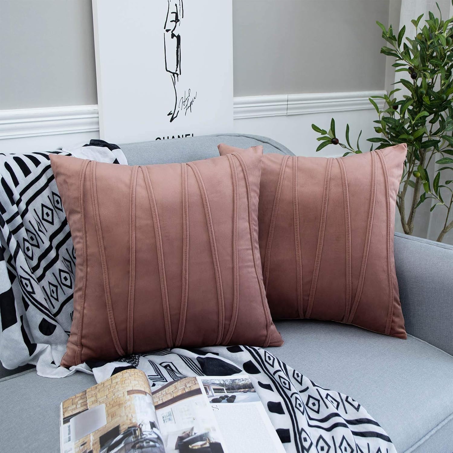 JUSPURBET Decorative Velvet Throw Pillow Covers with Velvet Striped,Pack of 2 Cushion Covers for Sofa Couch Bed,20x20 Inches,Black: Home & Kitchen