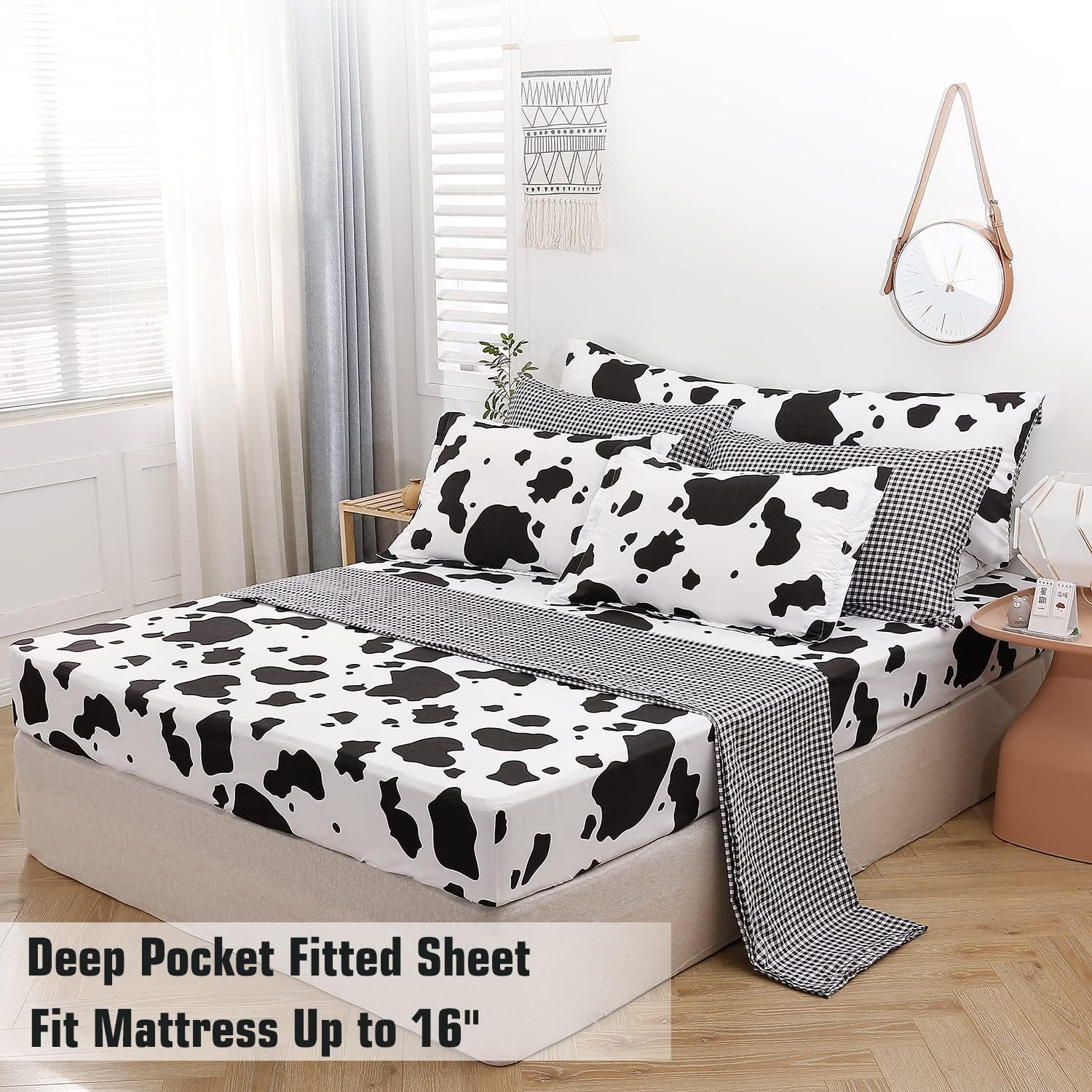 SUCSES Cow Print Queen Comforter Set with Sheets 8Pcs Bed in A Bag Queen Size Bedding Set Geometric Black and White Duvets for All Season - Image 5