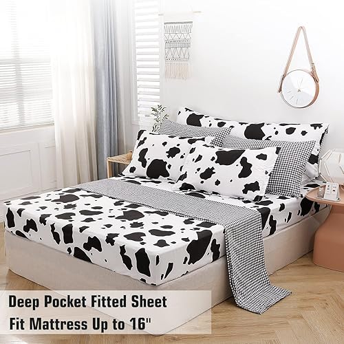 Miniatura 5 de SUCSES Juego de edredón tamaño individual con sábanas de 8 piezas con estampado de vaca, ropa de cama de piel de vaca en una bolsa para niños y