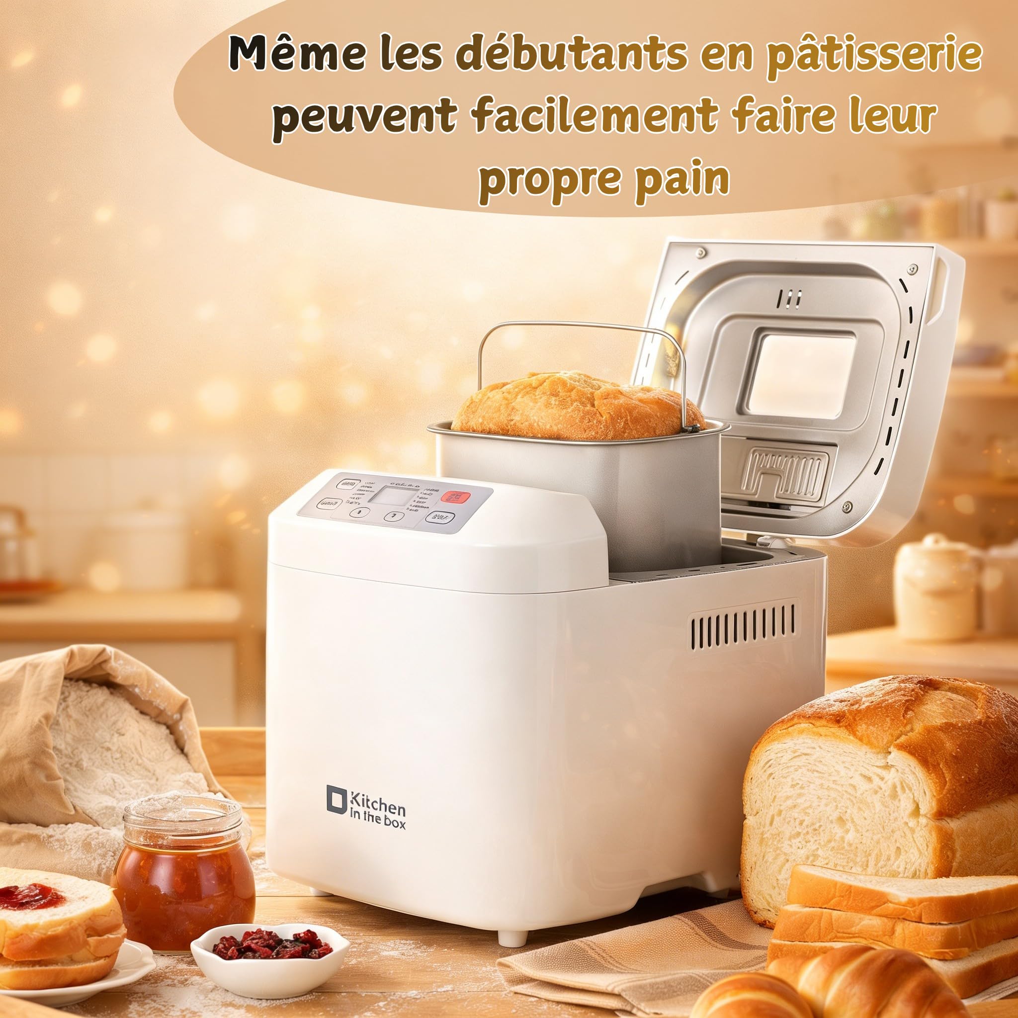 Machine à Pain 12 Programmes Automatiques Cuisson 360° Sans Gluten Pâte à Pizza Gâteau Confiture