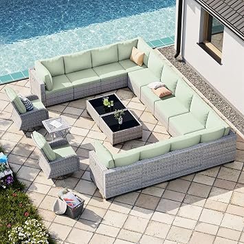 17-Piece Patio Furniture Set, Outdoor Patio Furniture with Swivel Chairs Set, Thick Cushions, Modular Patio Sofa, Dual-Strand Rattan, Rust-Resistant Frame, Light Green