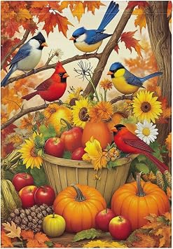 Welcome Fall Cardinal Birds House Flag 28x40 Inch Double Sided Outside Pumpkin Sunflower Autumn Seasonal Yard Outdoor Flag Banner for Garden Lawn Patio Holiday Decorations